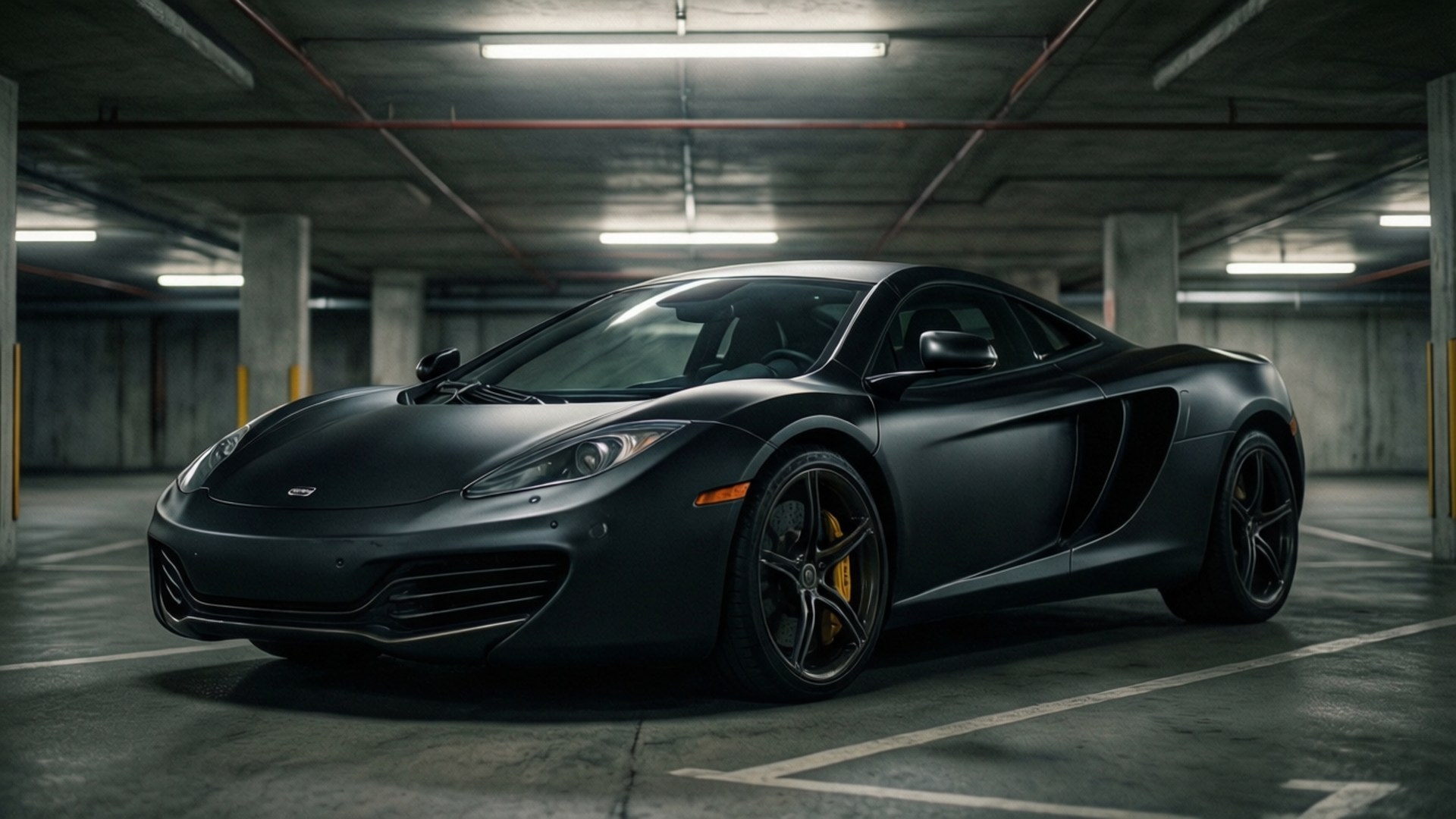 啞光黑色McLaren跑車停泊在地下混凝土停車場。