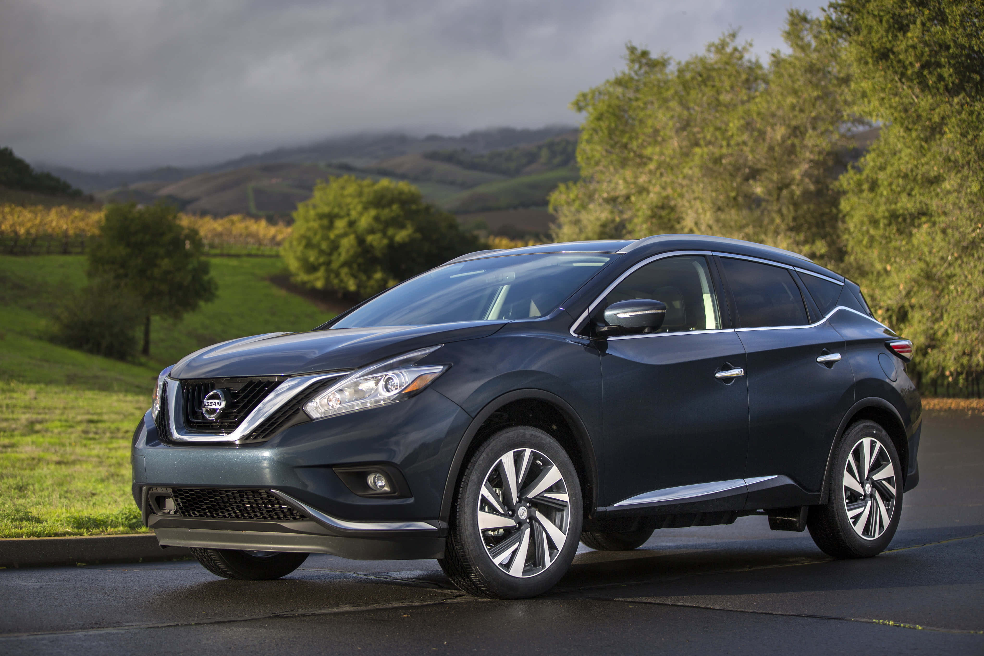 Nissan Murano 桌布 壁紙 — 一架時尚的深藍色日產Murano SUV停泊在濕滑的道路上，背景是起伏的綠色山丘和樹木，天空多雲。