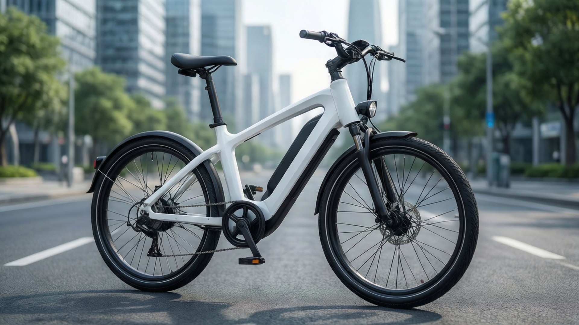 一輛白色電動單車停泊在高樓大廈和樹木林立的城市街道上。