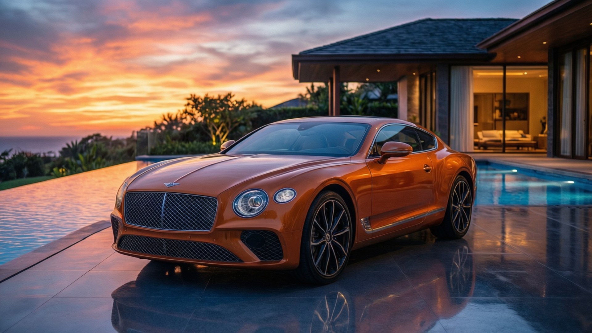 橙色 Bentley 在日落時停放在現代房屋旁的泳池邊