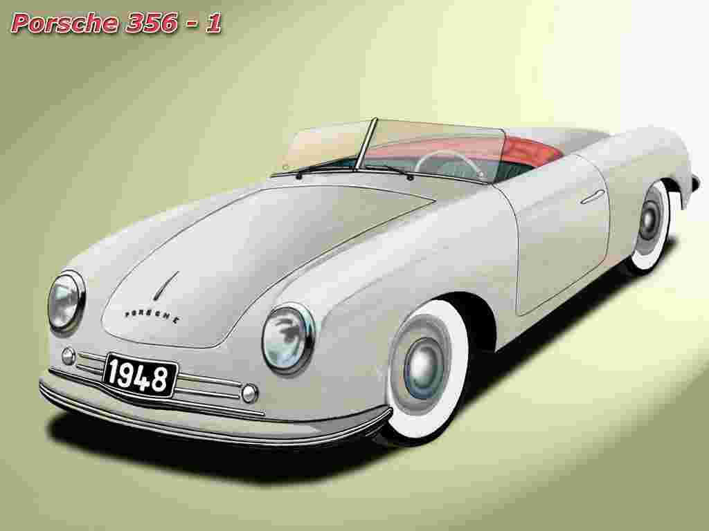 Porsche 356 桌布 壁紙 — 一架時尚的銀色1948年保時捷356開篷車，配備白色輪胎和紅色內飾，以柔和綠色漸變背景插圖呈現。