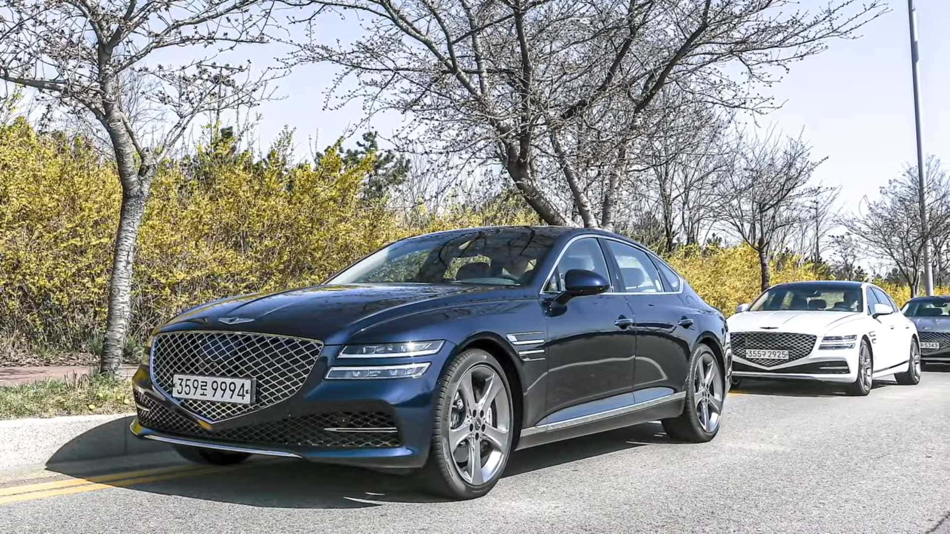 Genesis G80 桌布 壁紙 — 一架時尚深藍色Genesis G80房車停泊在陽光明媚的道路上，旁邊是盛開的櫻花樹，後面有一輛白色汽車。