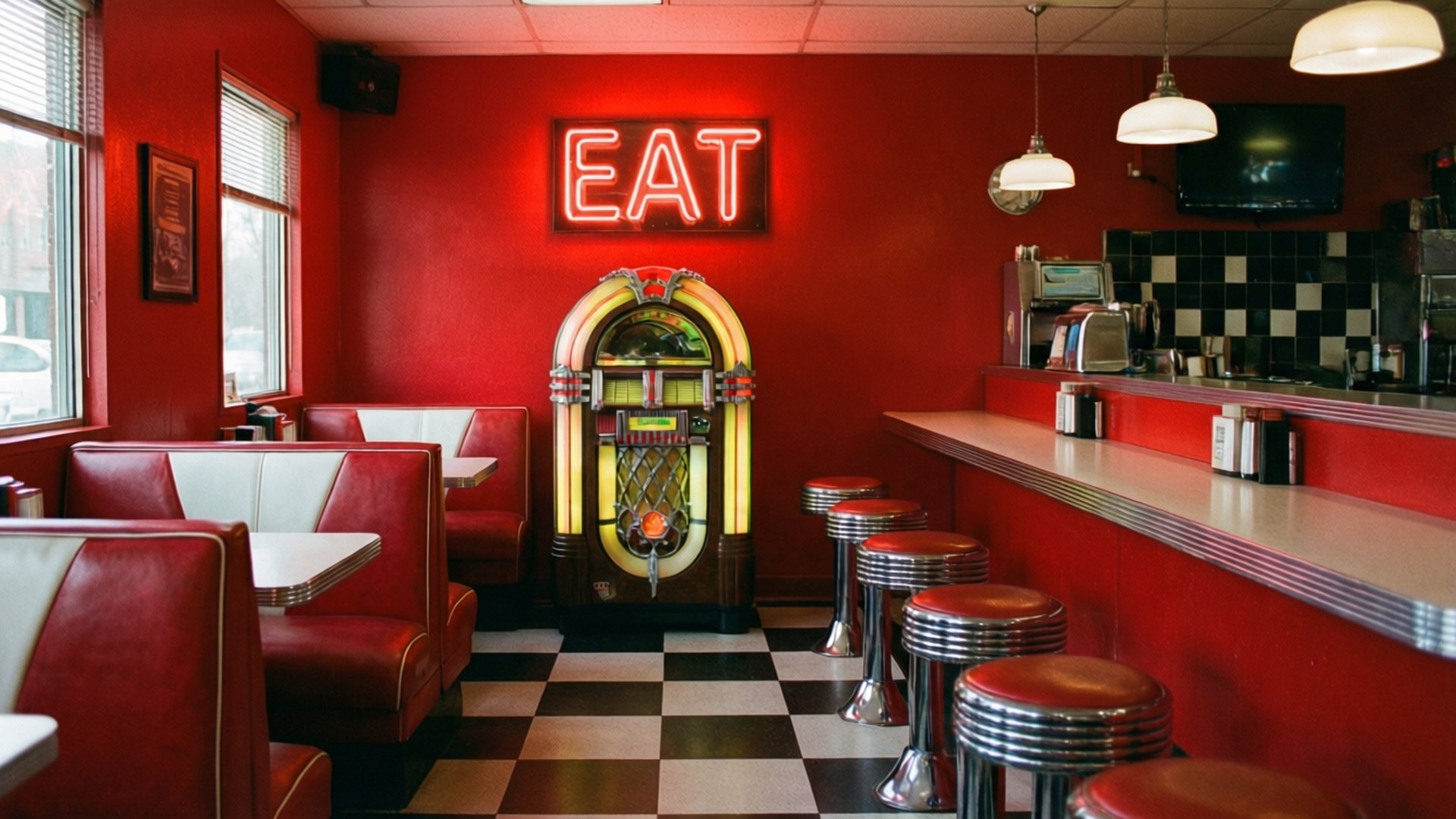 Diner Memories 壁紙 — 一間復古餐廳，紅色牆壁、棋盤格地板，以及一部復古點唱機上方發光的霓虹燈 'eat' 標誌。