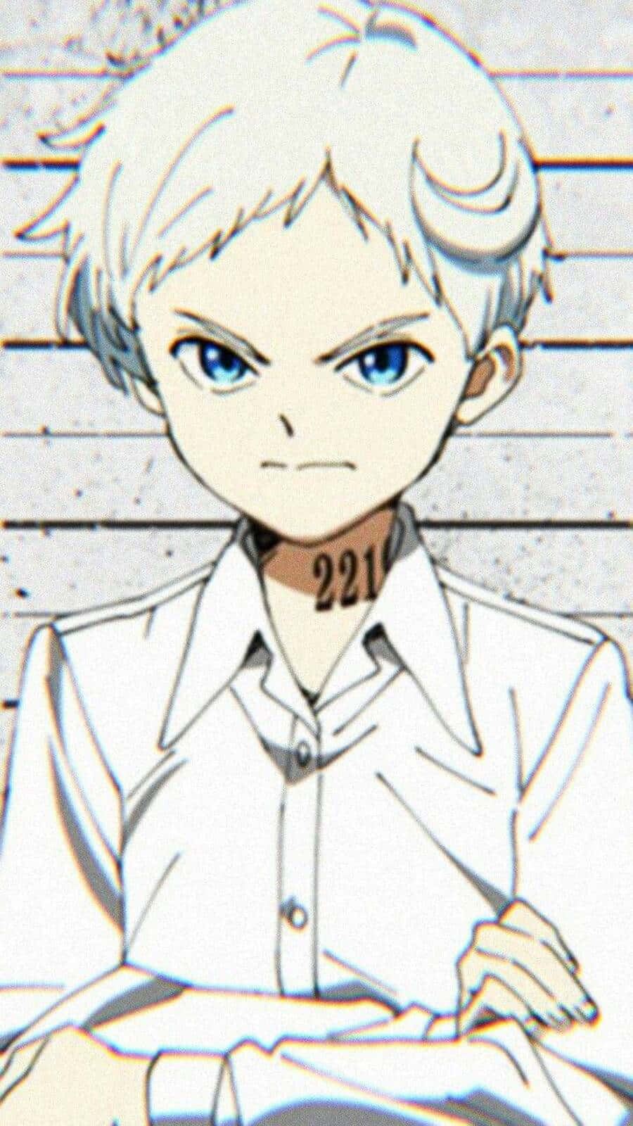 The Promised Neverland Norman 桌布 壁紙 — 一個白髮藍眼的動漫男孩在木板背景前以疑犯照風格怒視。