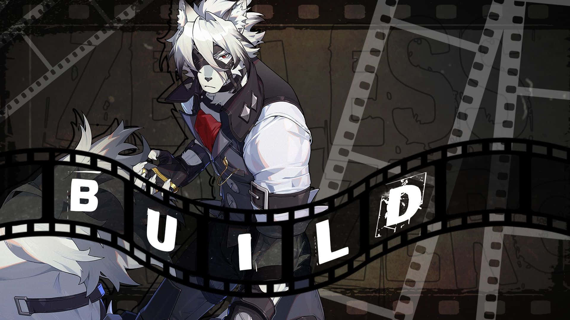  壁紙 — 一個白髮狼耳動漫角色站在一條顯示「BUILD」字樣的膠片後面，背景是粗糙的電影風格。