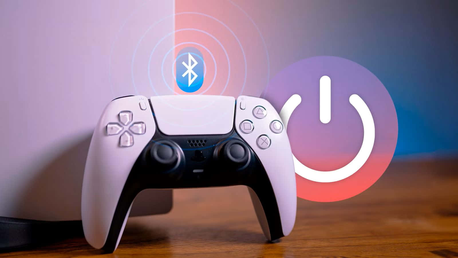  壁紙 — 一個白色PlayStation 5手掣放在木質表面上，旁邊漂浮著發光的藍牙和電源圖標。