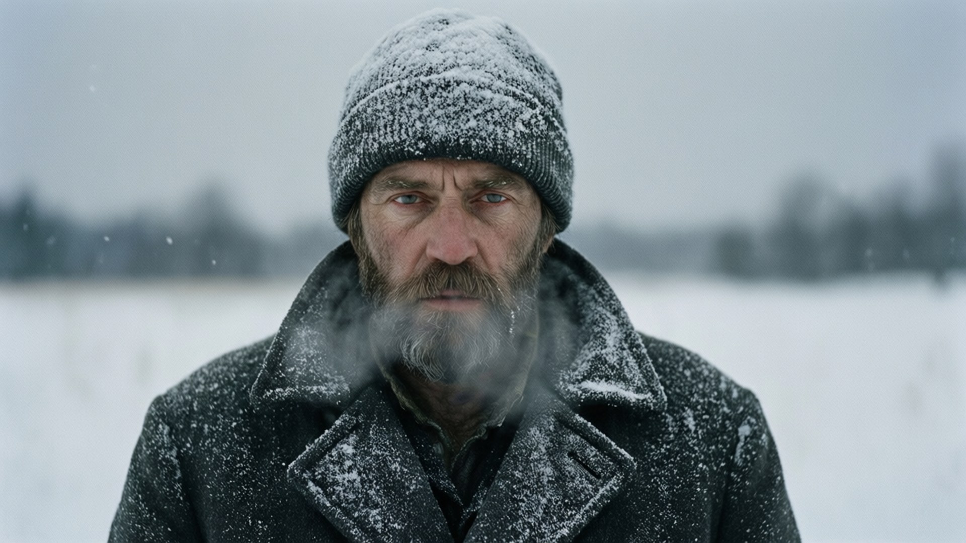 一個留鬍子的男人站在雪地裡，戴著沾滿雪的帽子和穿著沾滿雪的外套。