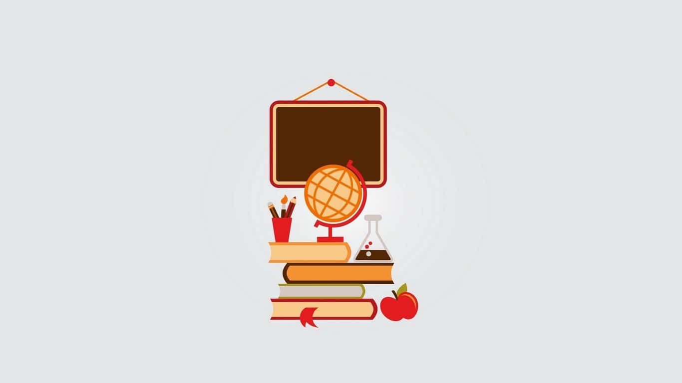 School Aesthetic 桌布 壁紙 — 一個扁平向量插圖，描繪堆疊的書籍，上方懸掛著地球儀、燒杯、蘋果和黑板。