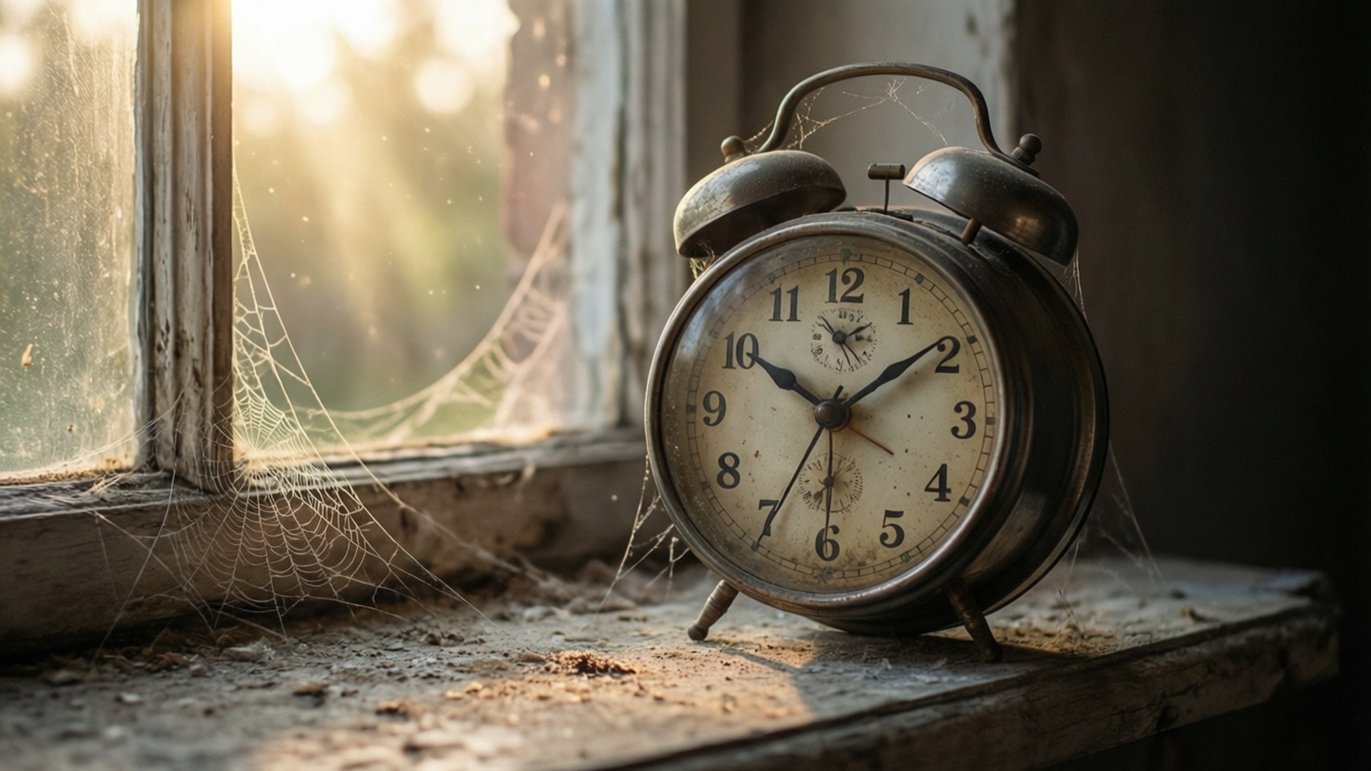 Dusty Windowsill Clock 壁紙 — 一個佈滿灰塵和蜘蛛網的古董鬧鐘放在窗台上，沐浴在溫暖的金色陽光中。