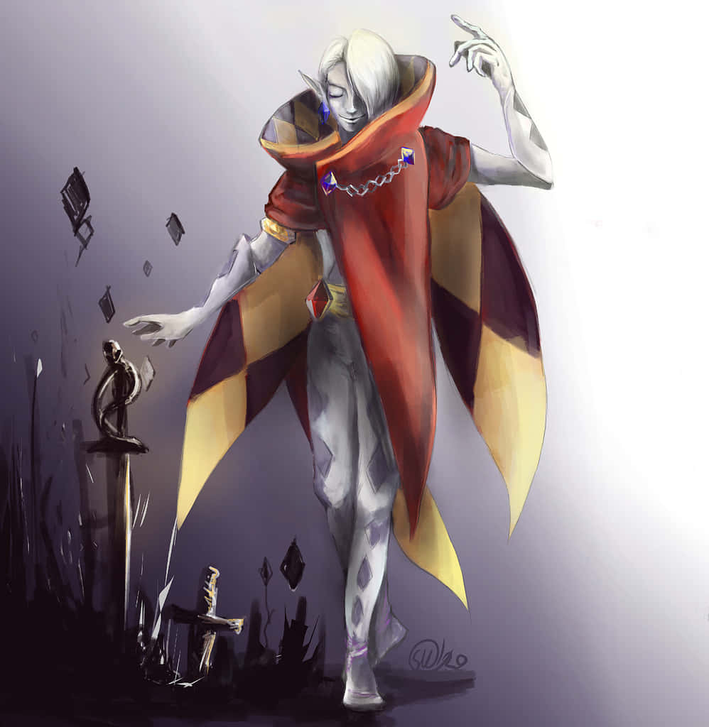 壁紙 — 一個蒼白的精靈般人物穿著紅金斗篷，做出魔法手勢，漂浮的卡片環繞著基座上的劍。