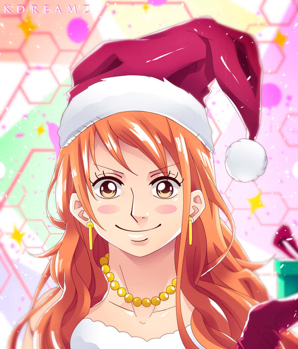 One Piece Christmas 桌布 壁紙 — 一個橙色頭髮的開朗動畫女孩，在閃爍的六邊形背景前戴著紅色聖誕帽。