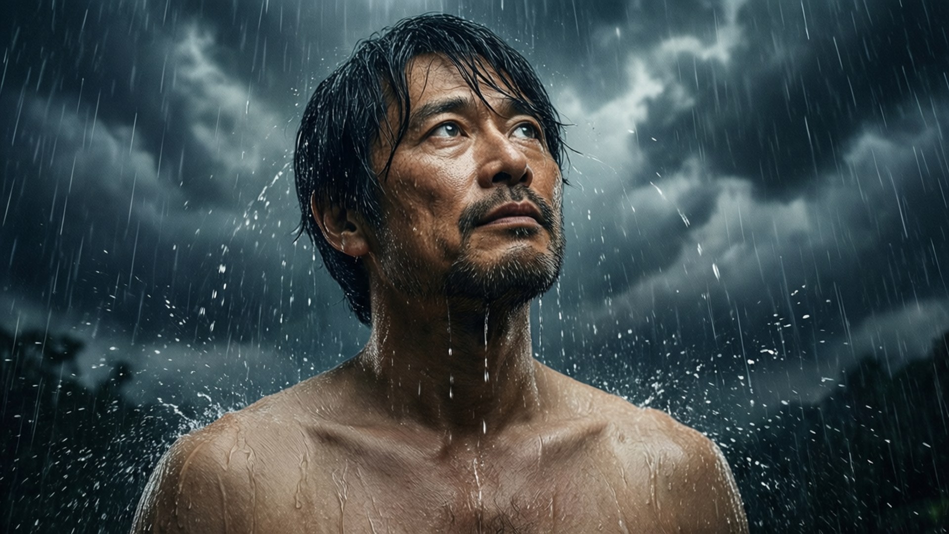 Taiju Oki 桌布 壁紙 — 一個赤膊濕髮的男人站在暴雨中，背景是黑暗的暴風雨天空，水從他的鬍鬚滴下。