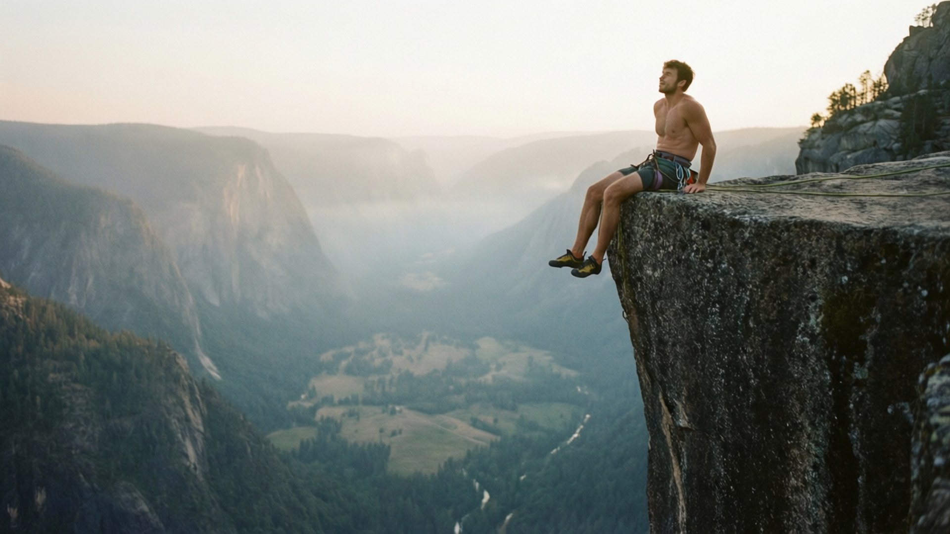 Rest Over the Valley 壁紙 — 一個赤裸上身的男人沉思地坐在懸崖邊，俯瞰著黃金時段霧氣瀰漫的山谷。