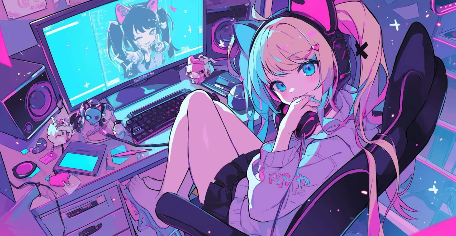 Needy Streamer Overload 桌布 壁紙 — 一個充滿活力的動漫女孩，藍色頭髮和貓耳朵，坐在遊戲椅上，周圍環繞著霓虹粉紅和紫色的科技裝備。