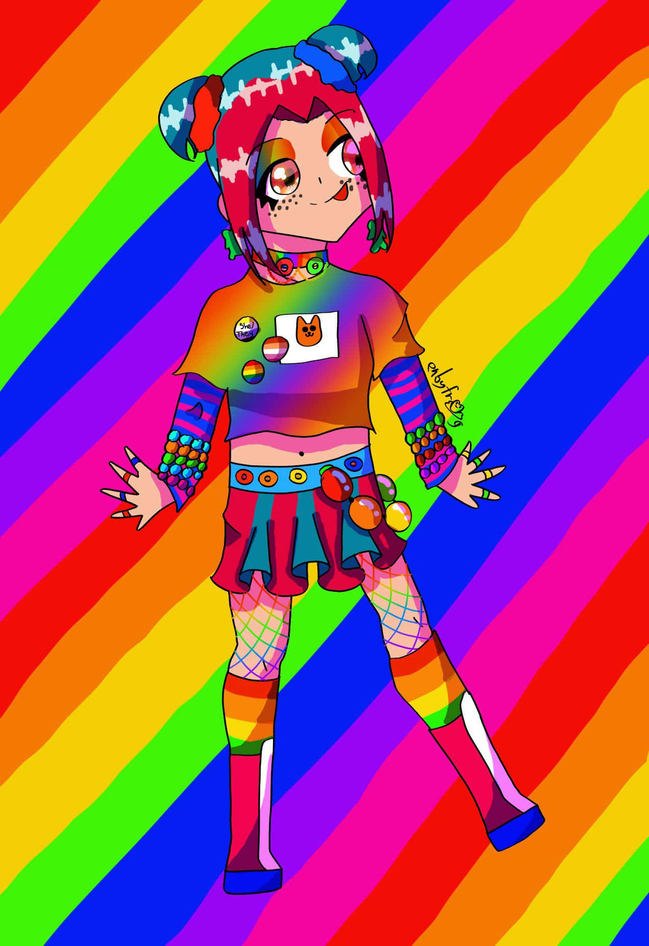  壁紙 — 一個充滿活力的動漫女孩，擁有彩虹色頭髮和色彩繽紛的服裝，自信地站在對角線彩虹條紋背景前。