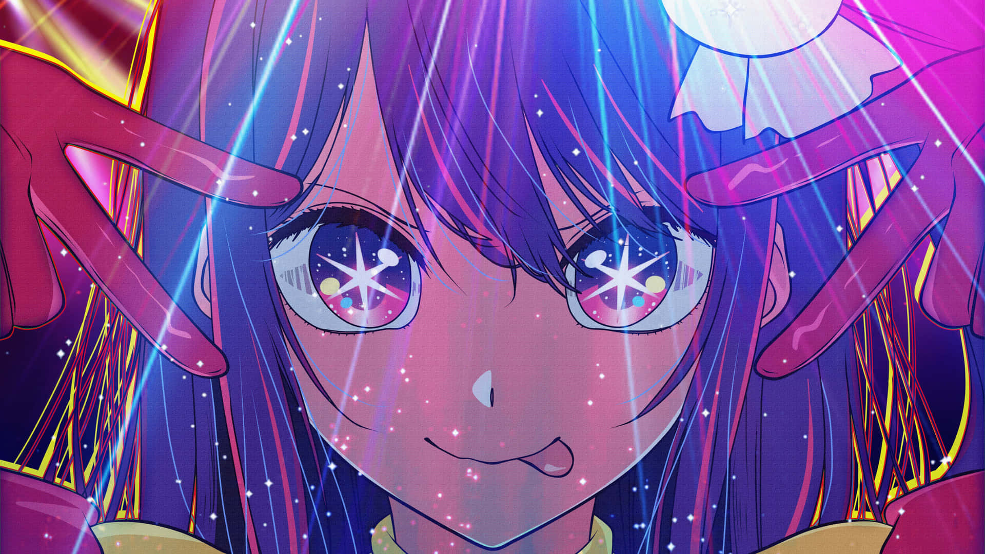  壁紙 — 一個充滿活力的動漫女孩，紫色頭髮和星形眼睛，微笑著，周圍散發著發光的光束。