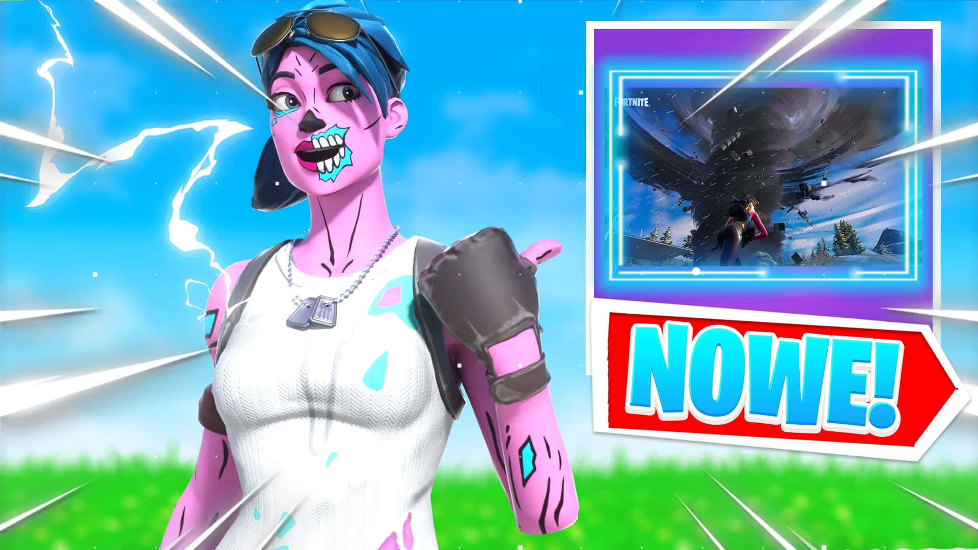  壁紙 — 一個充滿活力的Fortnite角色，粉紅色皮膚和藍色頭髮，站在明亮的天空下的草地上，指著一個發光的「NOWE！」橫幅，宣傳一場風暴活動。