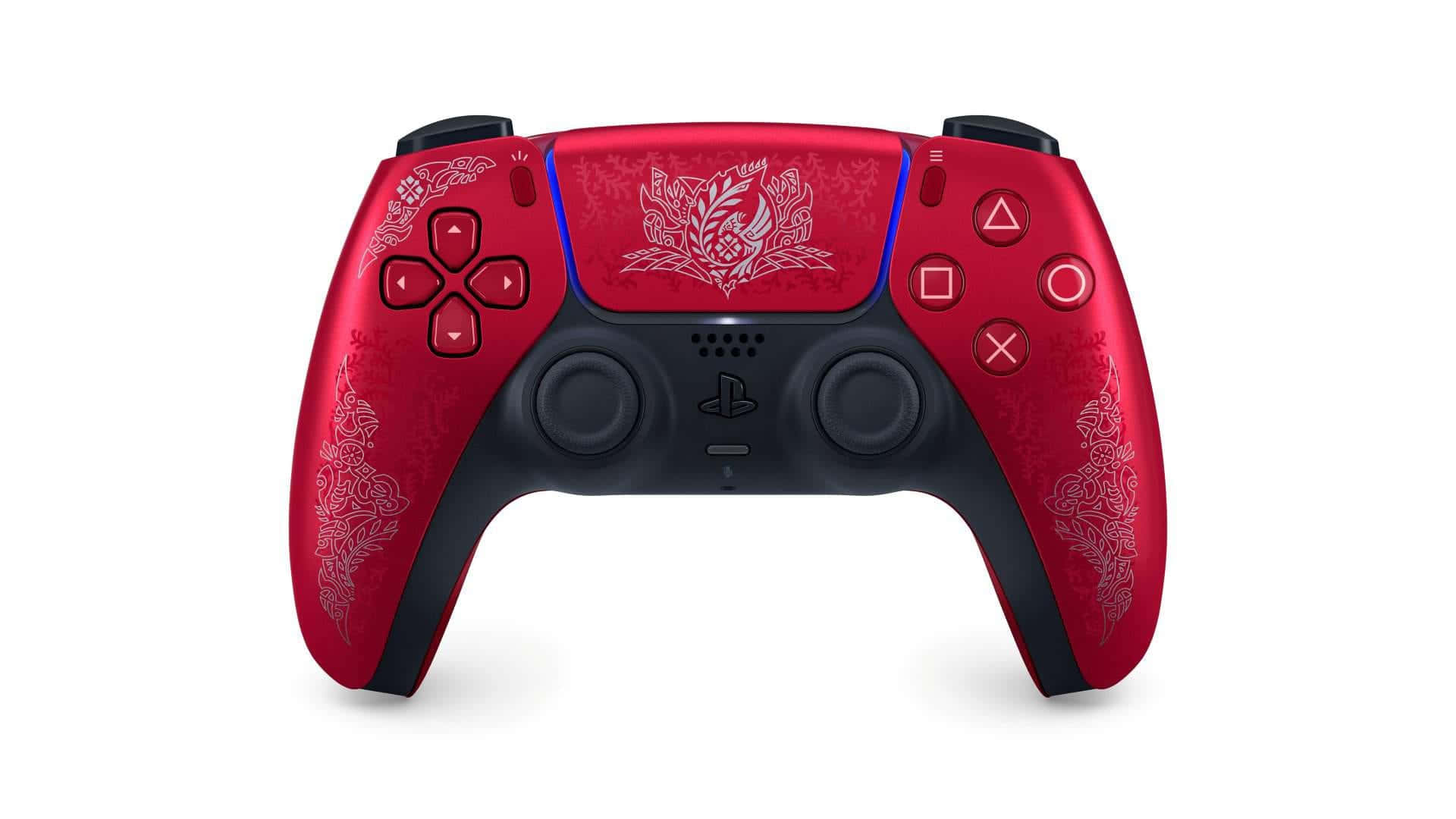  壁紙 — 一個充滿活力的紅色PlayStation 5控制器，帶有精緻的白色花卉圖案和發光的藍色點綴，背景為純白色。