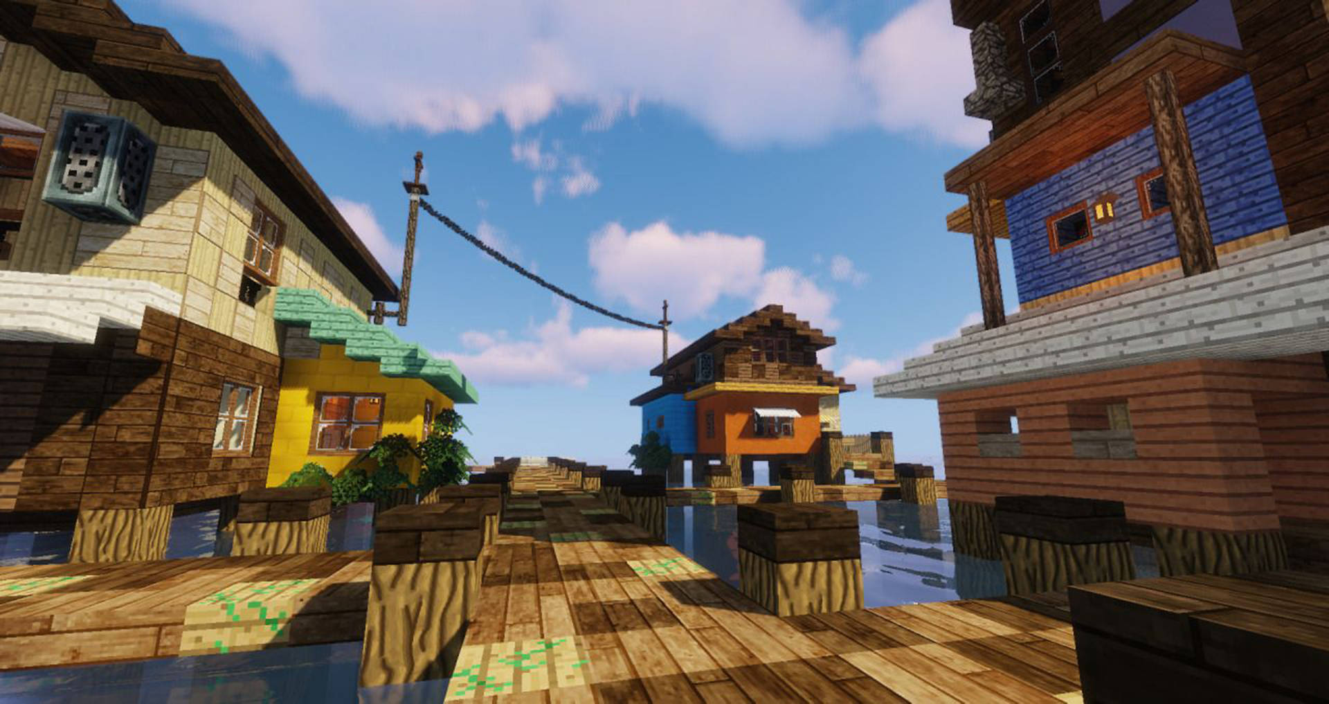 Minecraft村莊，木屋建在水上的高蹺上，天空晴朗。