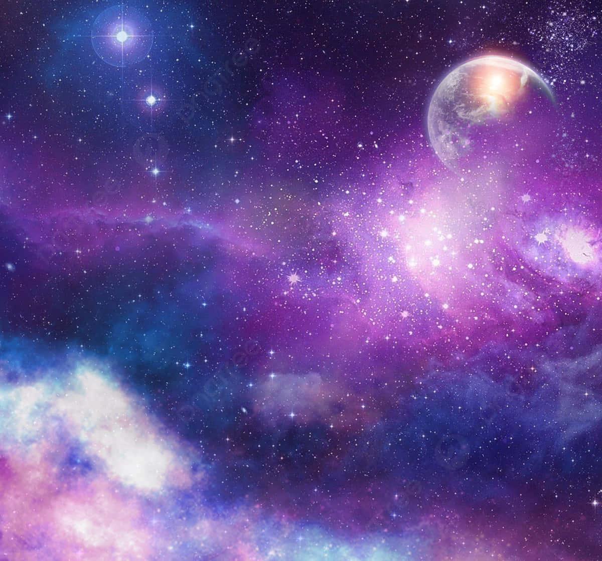 充滿活力的紫色、藍色和粉紅色星雲，帶有發光的星星和太空中的行星。