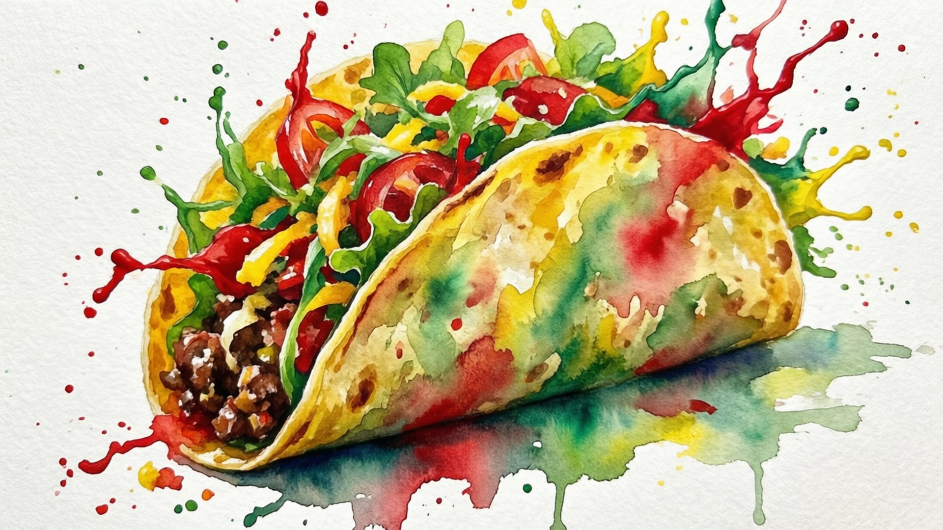 Watercolor Taco Splash 壁紙 — 一個充滿活力的水彩墨西哥卷餅，上面有色彩繽紛的配料和飛濺的醬汁，背景為白色。
