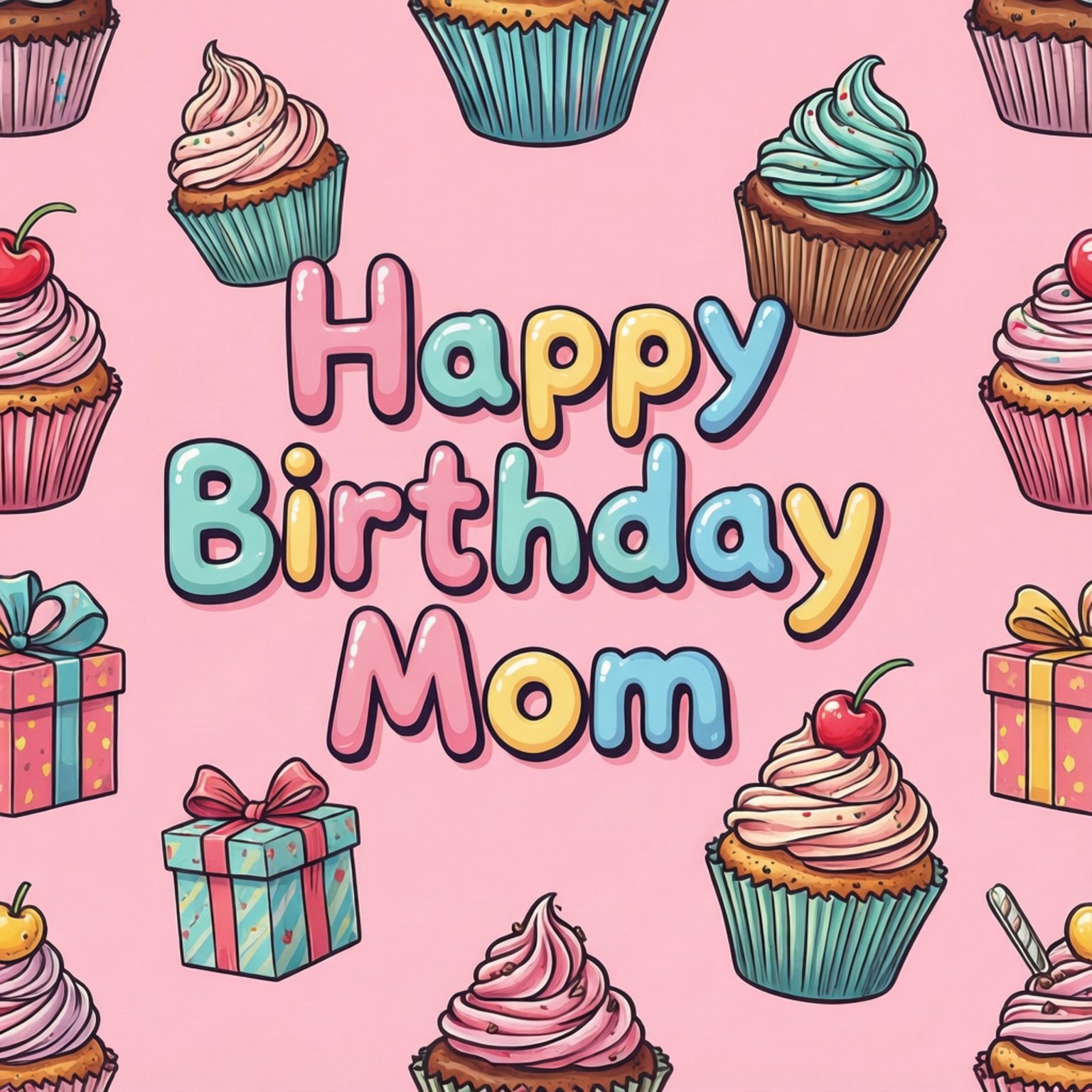 Happy Birthday Mom 賀卡，粉紅色背景上有杯子蛋糕和禮物