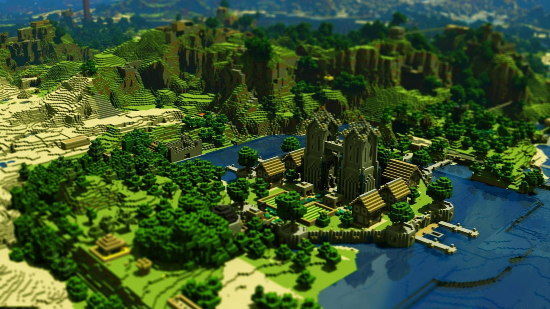 河邊的Minecraft城堡小鎮，有綠色山丘和懸崖。