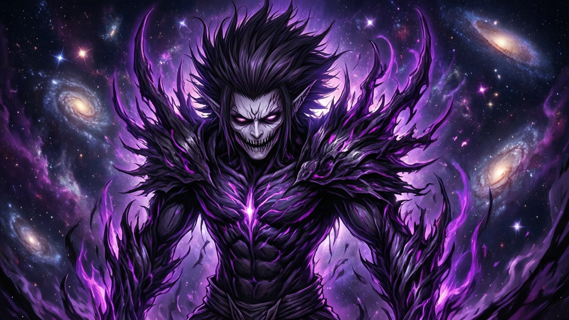 Undertale 桌布 壁紙 — 一個身穿紫色盔甲、頭髮尖刺、眼睛發光的威脅性惡魔，站在旋轉星系和恆星的宇宙背景前。