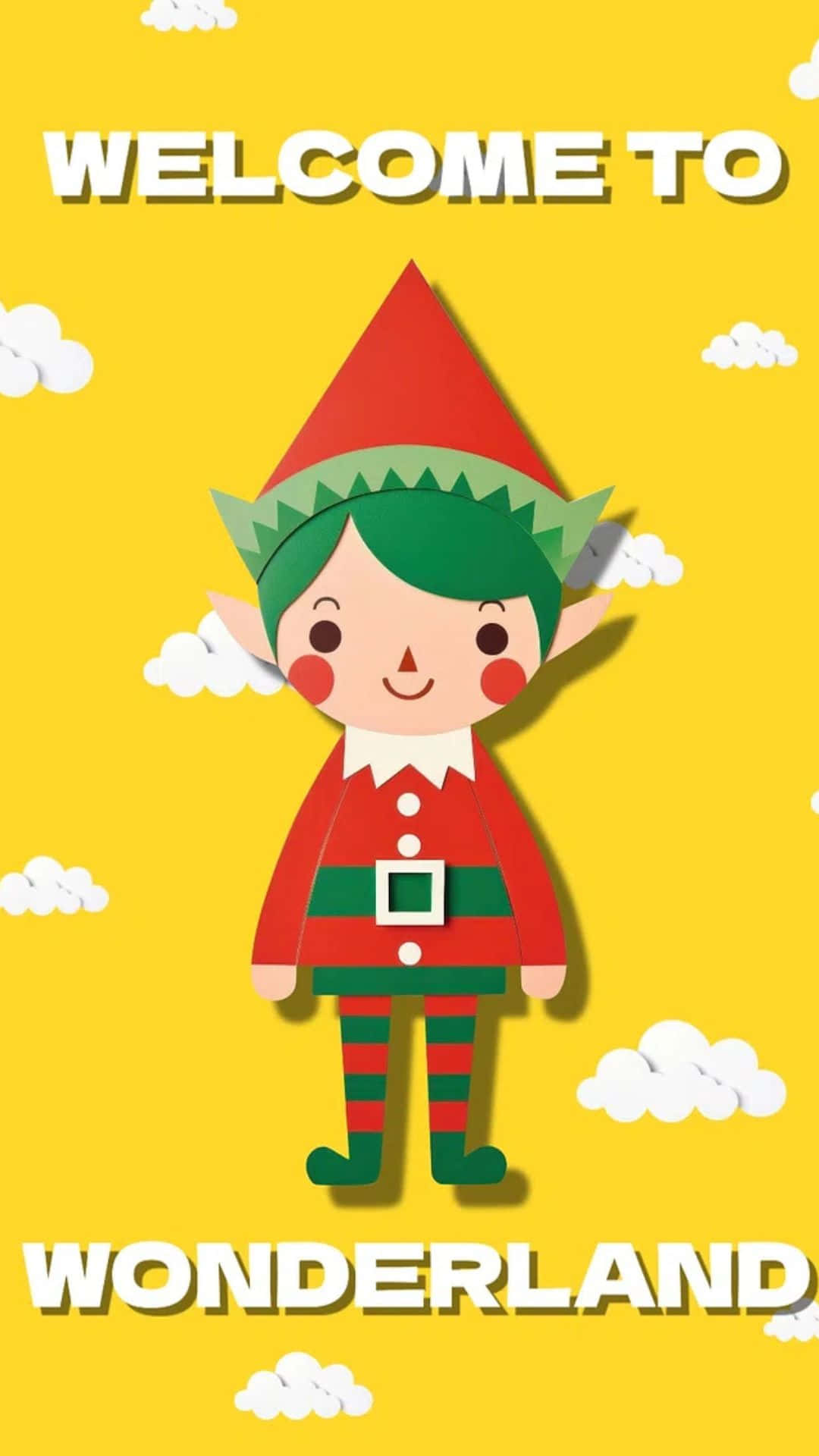  壁紙 — 一個穿著紅綠色服裝的快樂卡通精靈，站在有雲和歡迎文字的明亮黃色天空前。