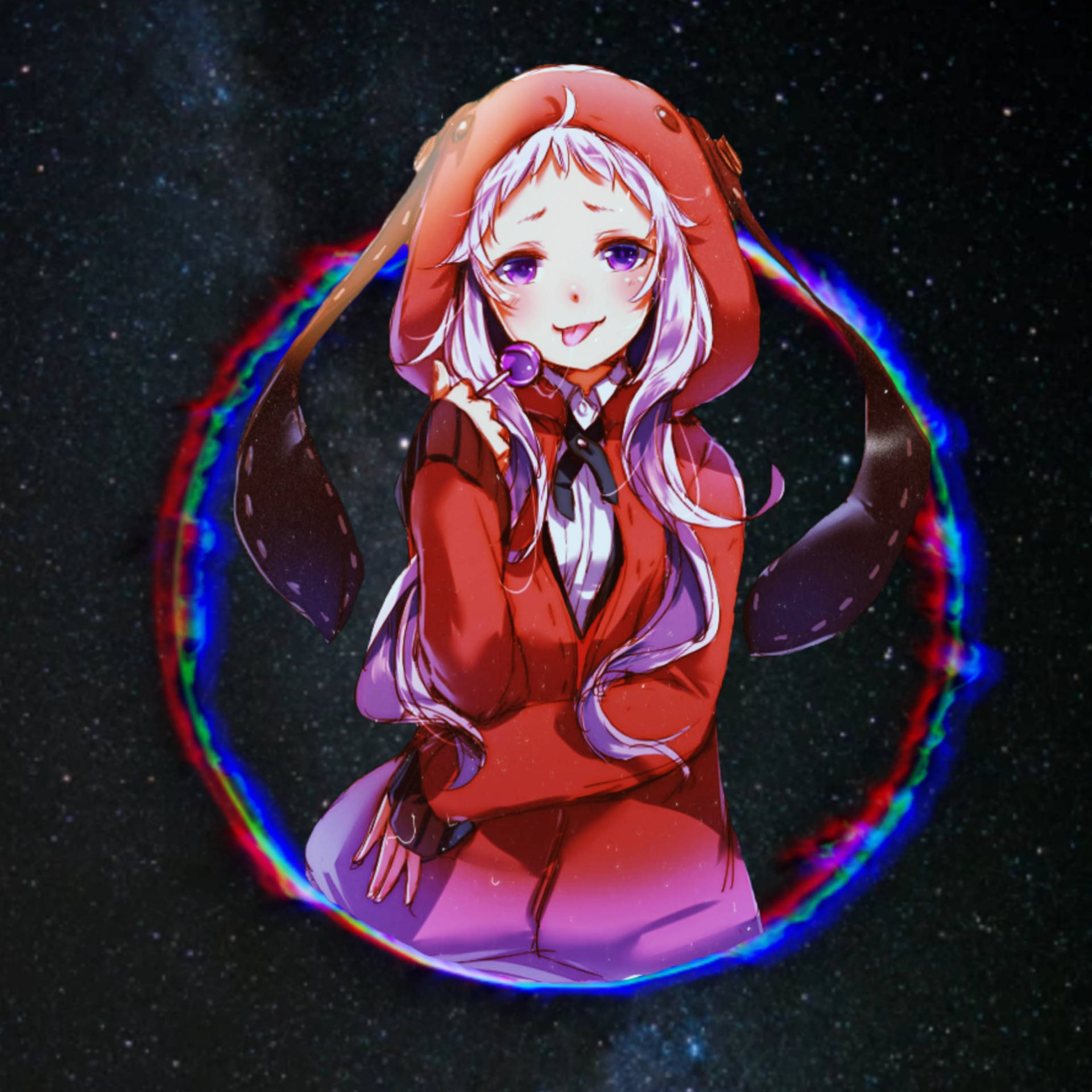 動漫女孩穿紅色連帽衫在宇宙彩虹環中手持棒棒糖