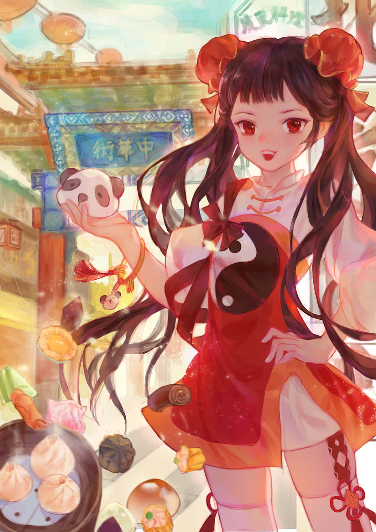  壁紙 — 一個穿著紅色旗袍的可愛動漫女孩，在漂浮的餃子和中國街頭美食中抱著熊貓毛絨玩具。