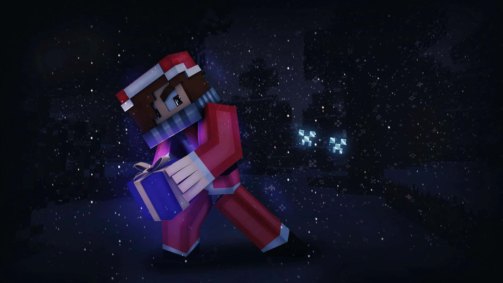 壁紙 — 一個穿著紅色聖誕老人服裝的Minecraft角色在星空下拿著禮物，背景有發光的眼睛。