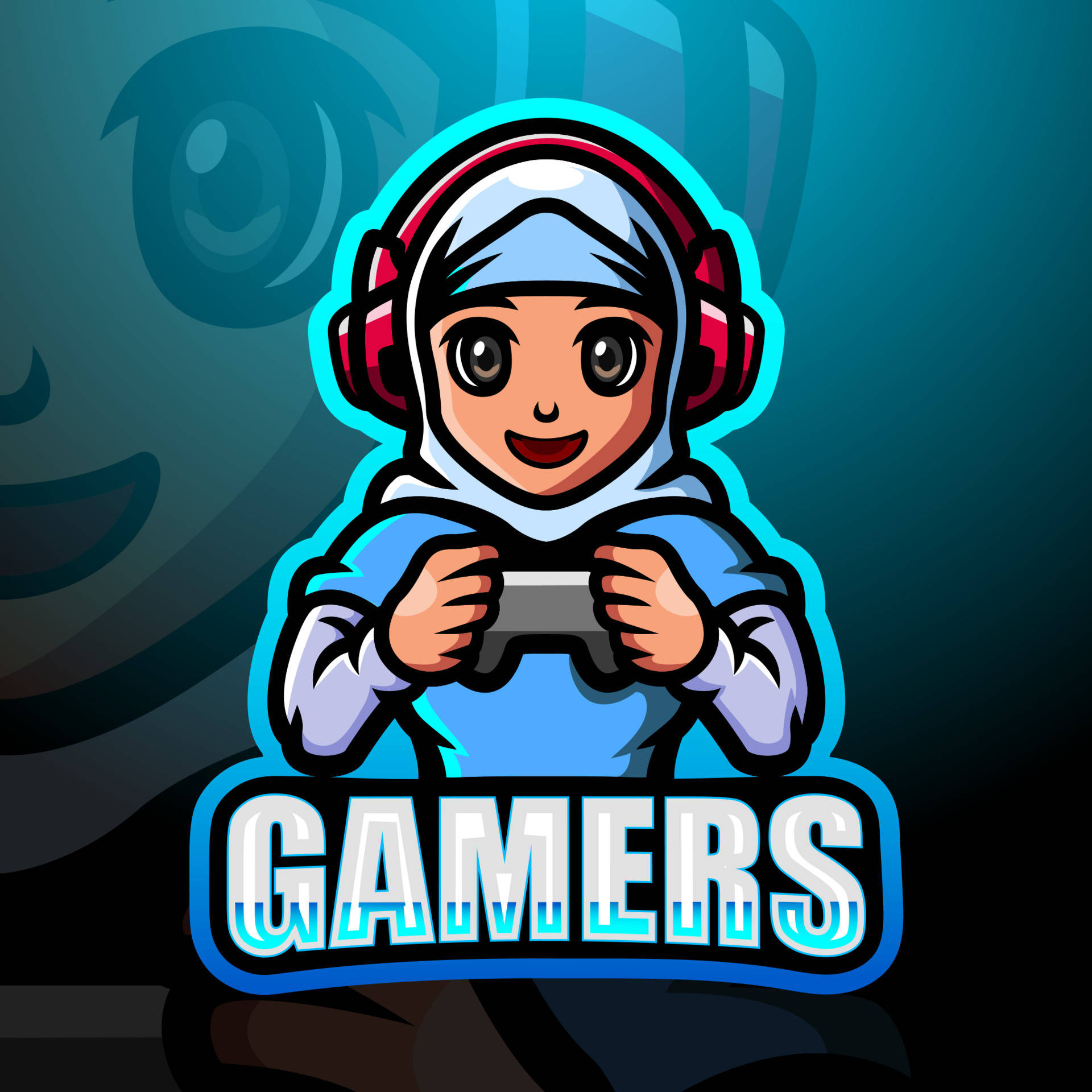 動漫遊戲玩家穿著藍色連帽衫和紅色耳機，手持帶有「GAMERS」標誌的控制器。
