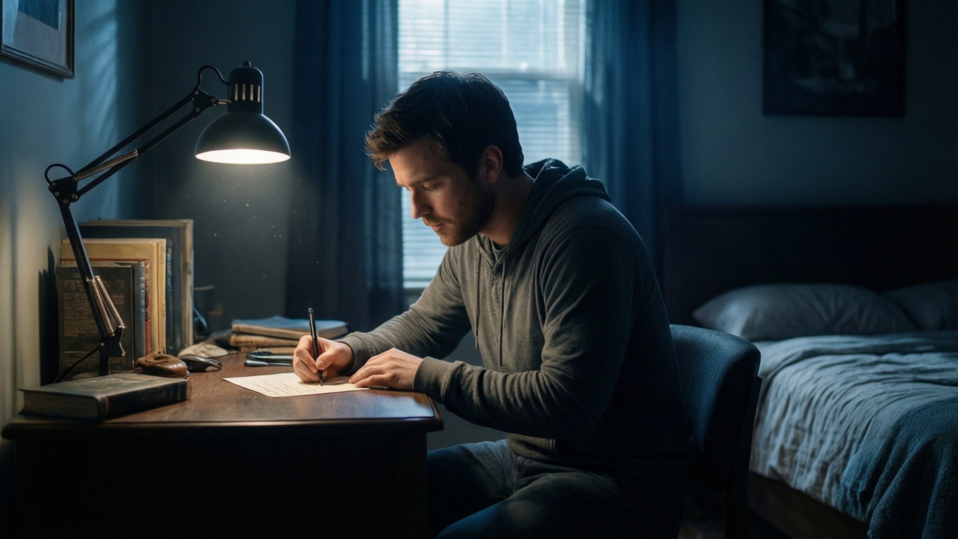Dear Evan Hansen 桌布 壁紙 — 一個穿著連帽衫的男人在昏暗的臥室裡，在明亮的燈光下於木桌上寫字，背景有床和窗戶。
