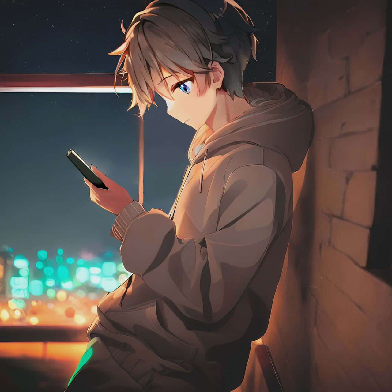  壁紙 — 一個穿著連帽衫的年輕動漫男孩在夜晚靠著磚牆，身後模糊的城市燈光閃爍，他正在看手機。