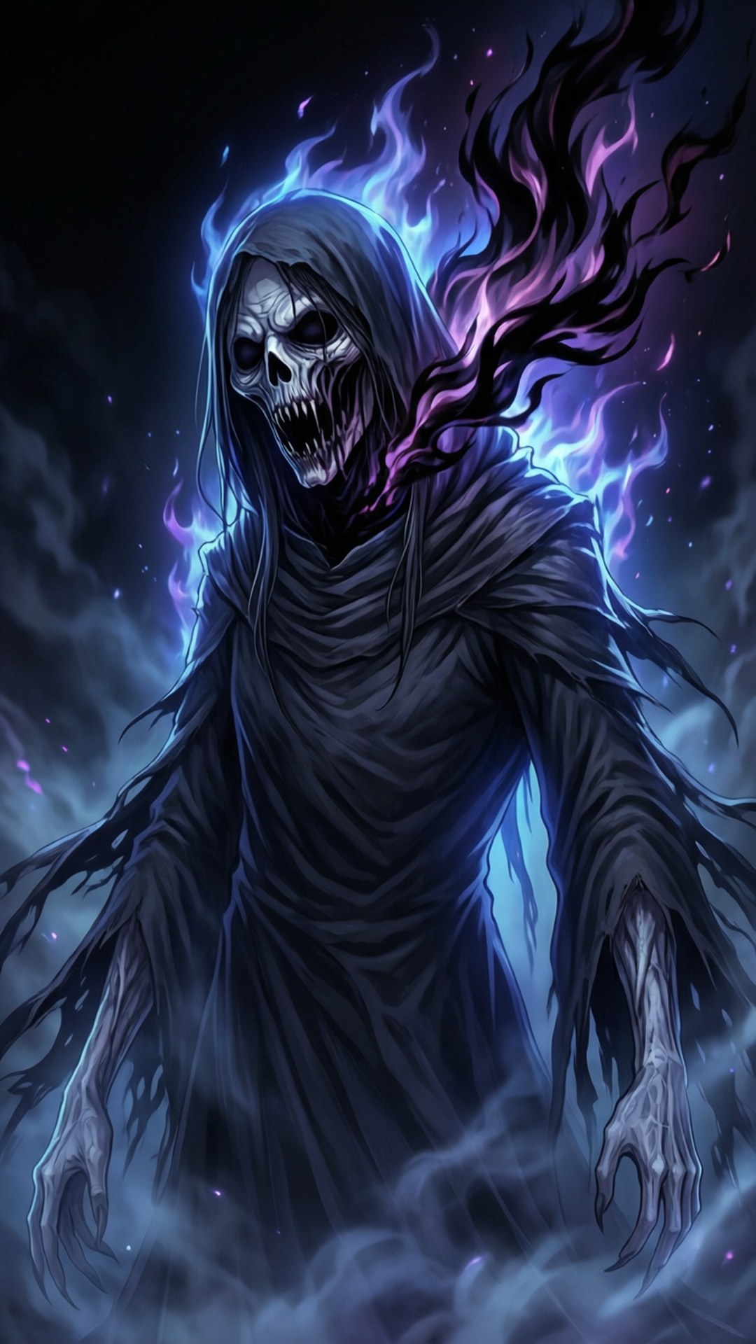 Headless Figure 壁紙 — 一個穿著破爛黑色長袍的可怕骷髏形象，發光的藍色和紫色火焰在其兜帽頭周圍旋轉。