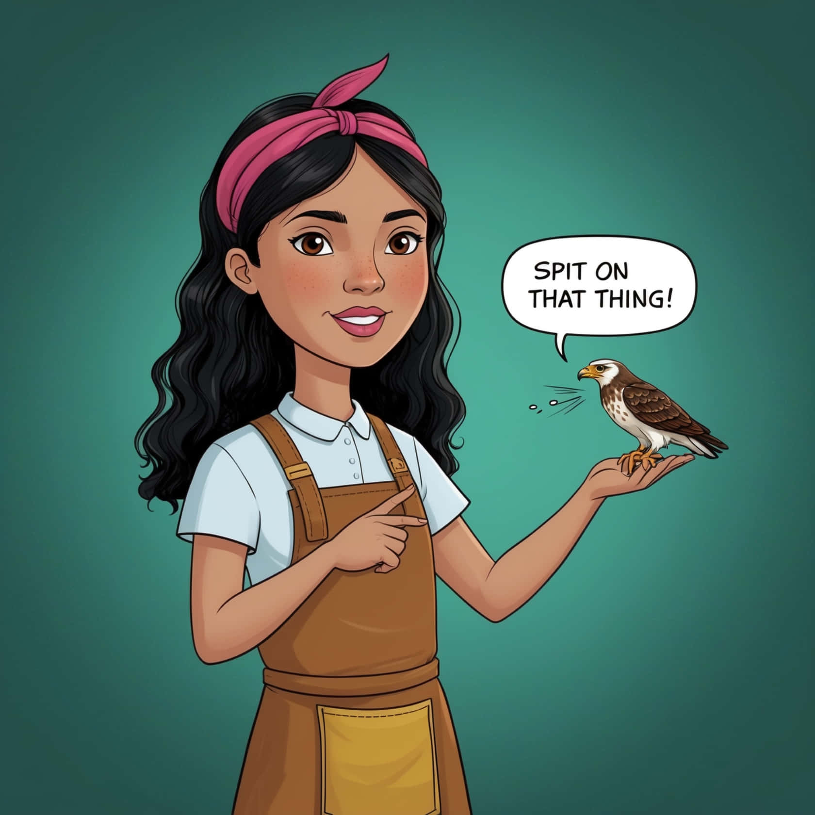 Hawk Tuah 桌布 壁紙 — 一個穿著圍裙的快樂女孩抱著一隻小鳥，小鳥在青綠色背景上大喊『吐在那東西上！』
