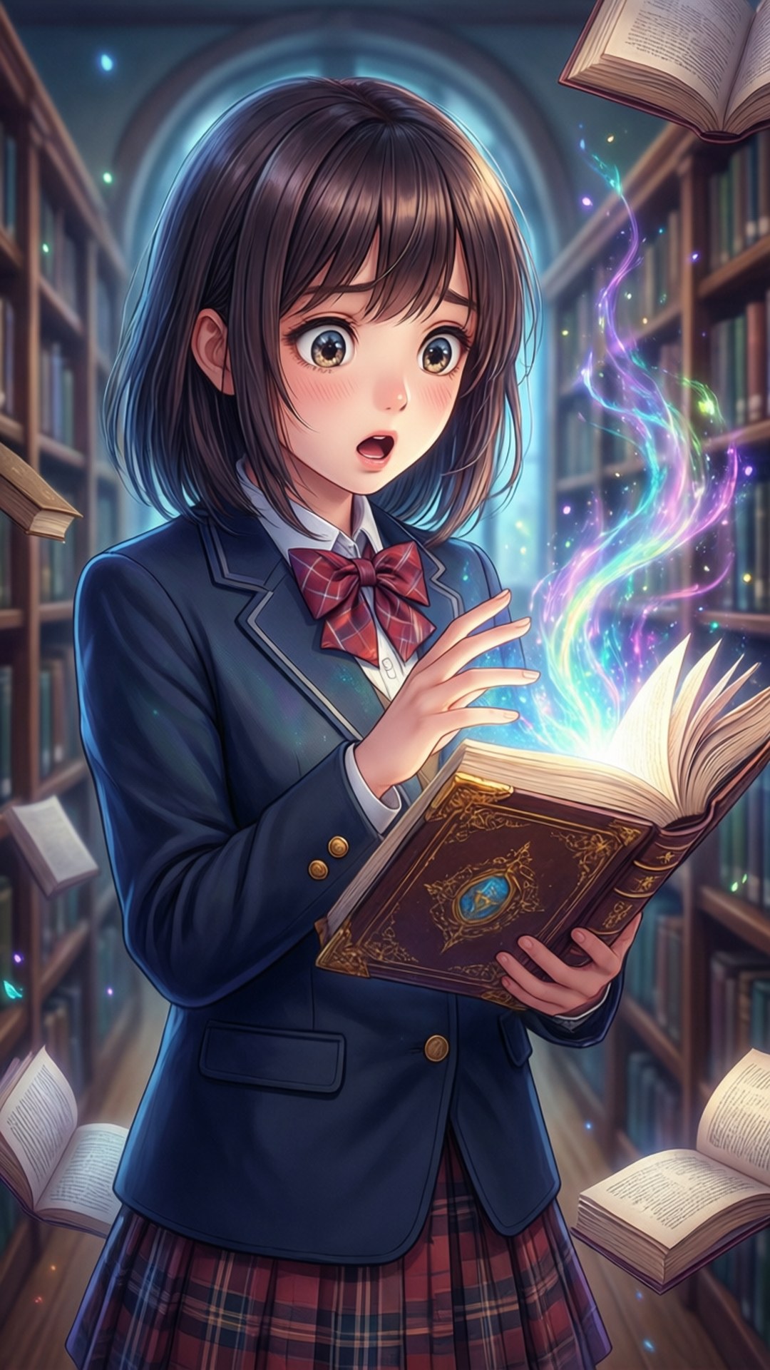 Fushigi Yuugi 桌布 壁紙 — 一個穿著校服的驚訝動漫女孩在充滿漂浮書本的圖書館裡拿著一本發光的魔法書。