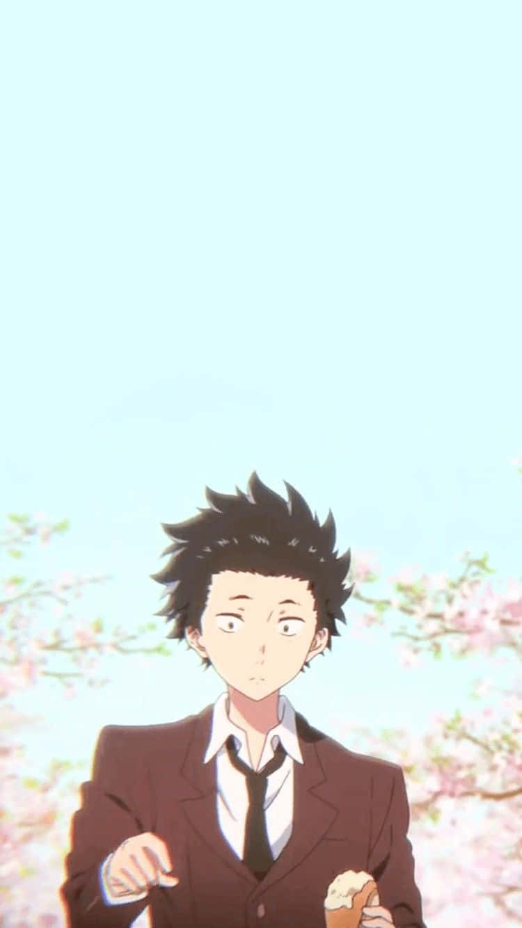  壁紙 — 一個穿著校服的年輕動漫男孩，在柔和天空和盛開櫻花下拿著雪糕筒。