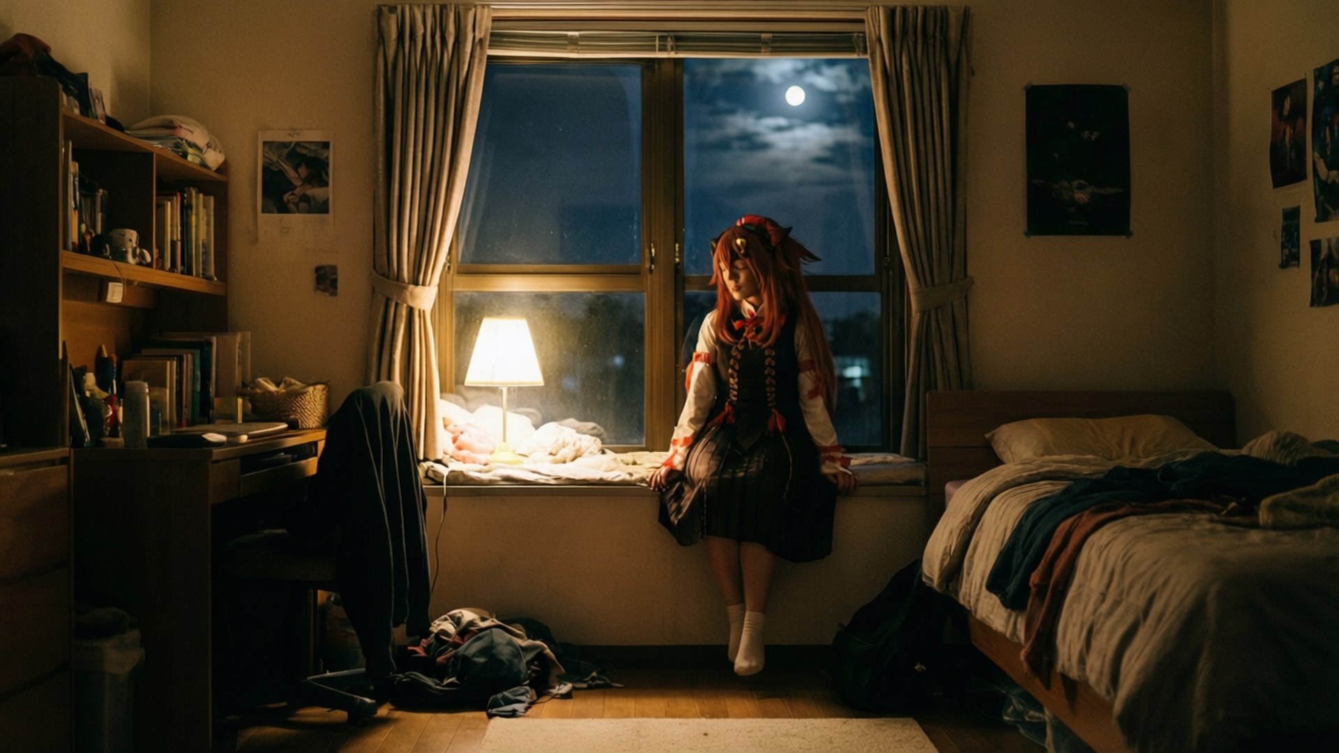 Call Of The Night 桌布 壁紙 — 一個穿著校服的年輕動漫女孩獨自坐在滿月下凌亂臥室的窗台上。