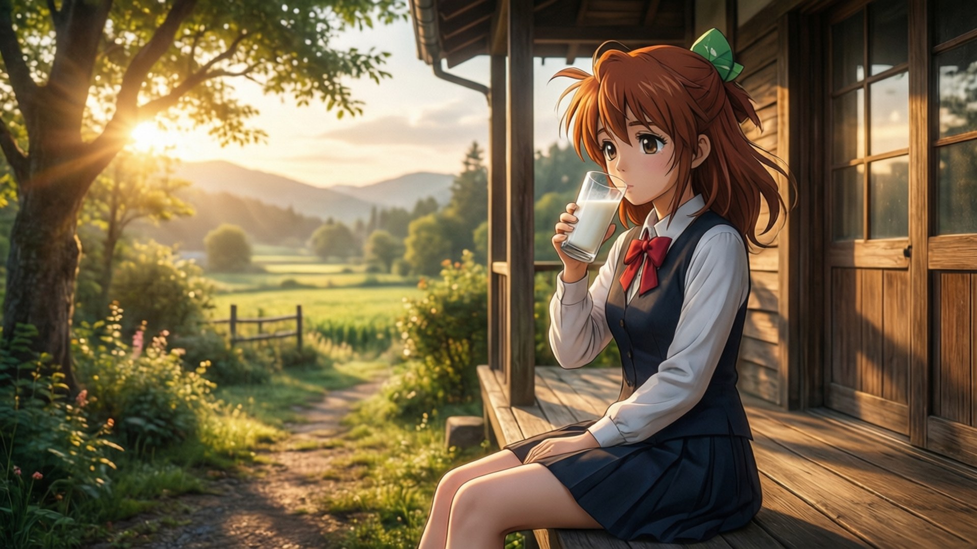Renge Houshakuji 桌布 壁紙 — 一個穿著校服的年輕動漫女孩在木製門廊上喝牛奶，金色的夕陽沐浴著田園風光。