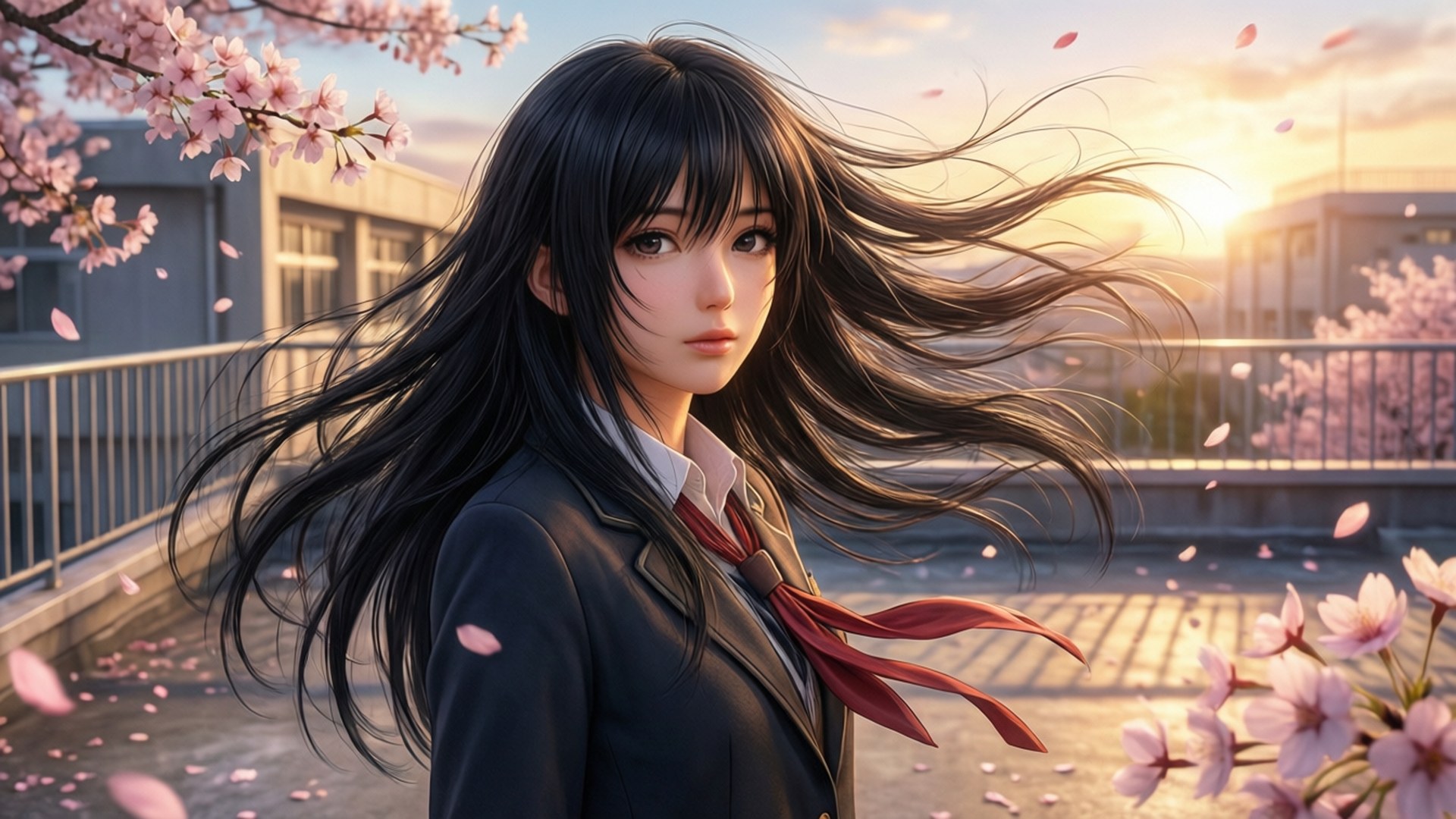 Kimi Ni Todoke 桌布 壁紙 — 一個穿著校服的年輕動漫女孩站在櫻花樹下，花瓣在金色夕陽中隨風飄落。