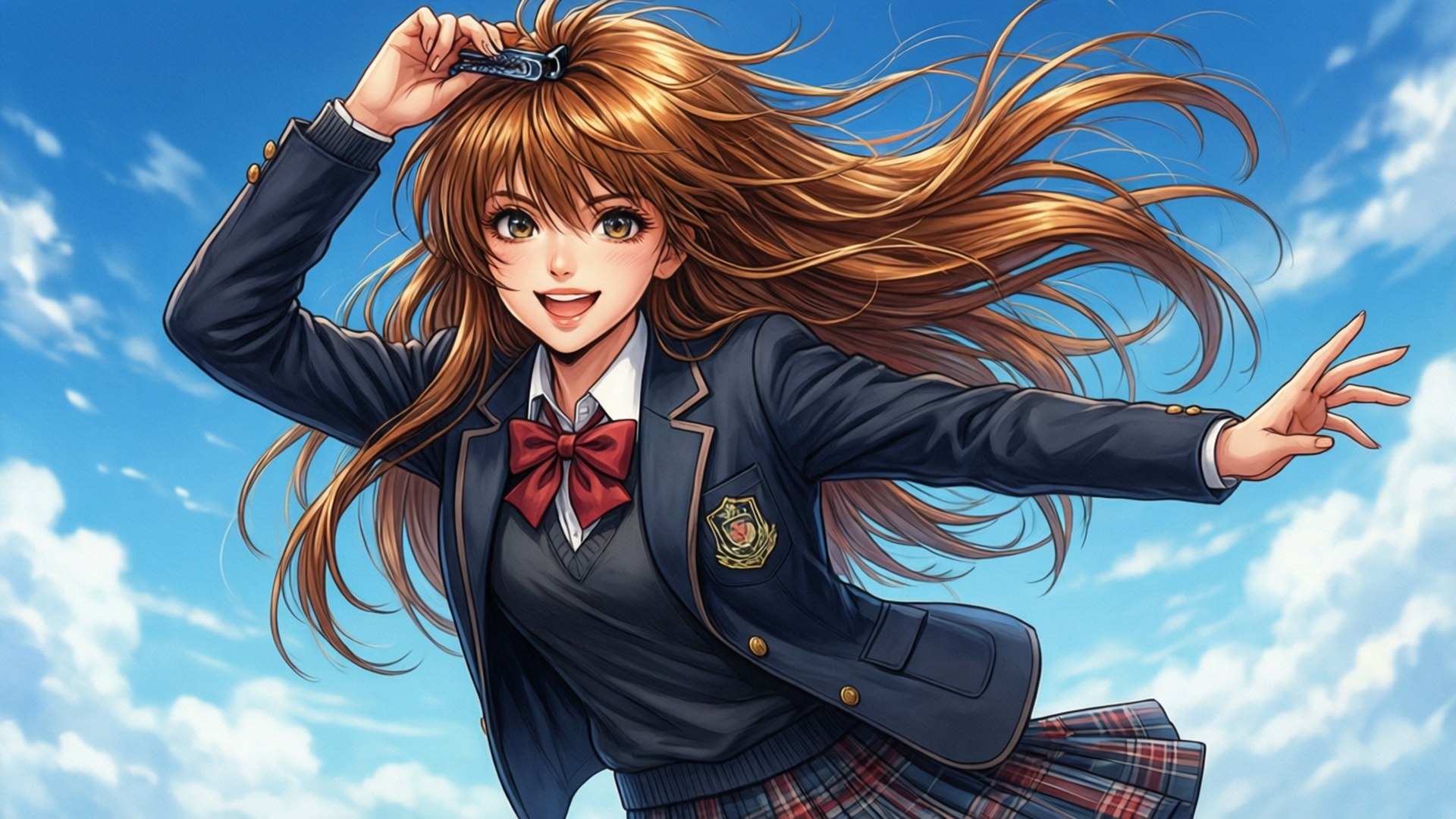 穿著校服的動漫女孩在藍天中奔跑，頭髮被風吹動。