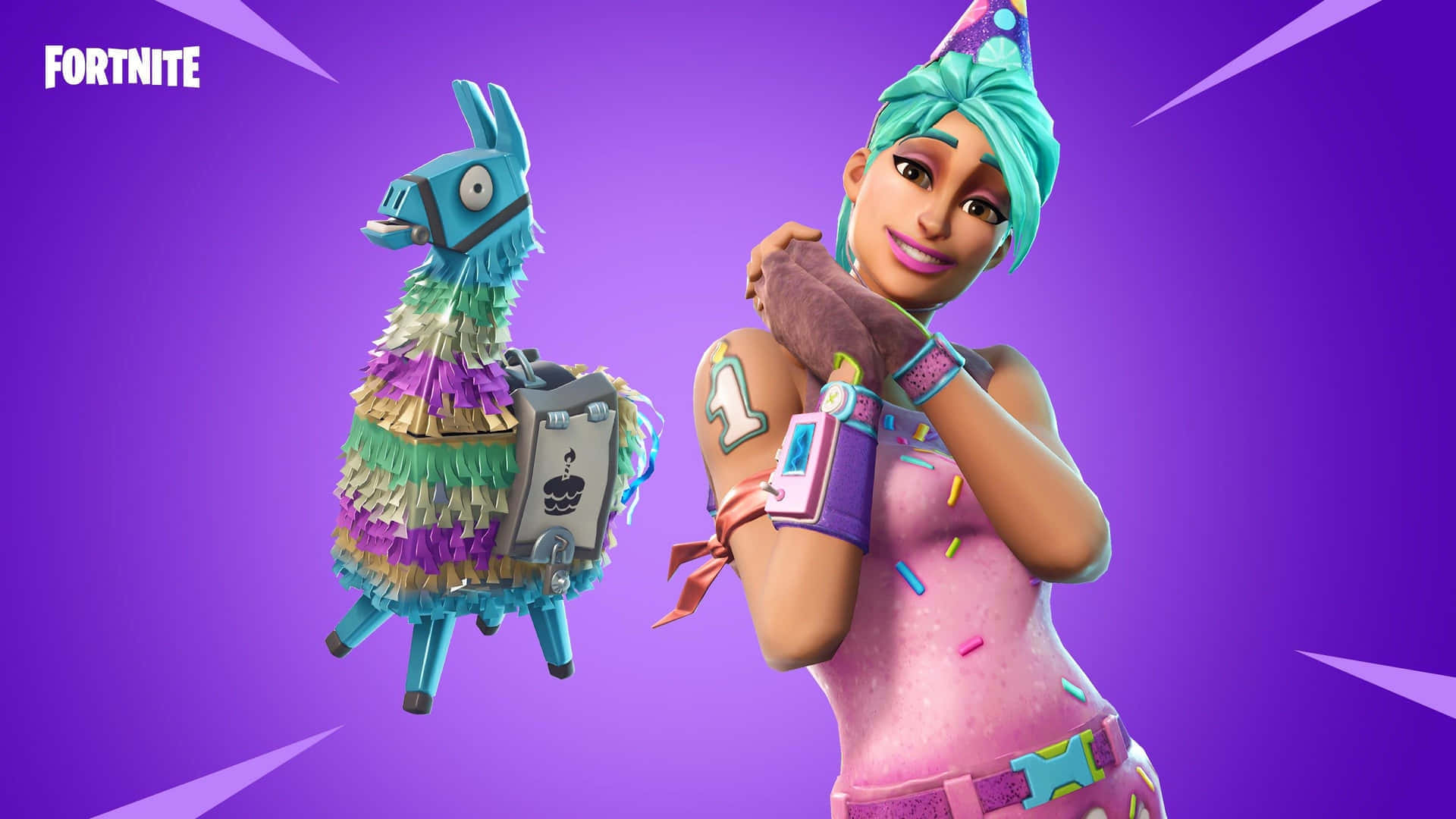Fortnite HD 桌布 壁紙 — 一個穿著生日主題裝備的Fortnite角色在充滿活力的紫色背景前，旁邊有一個色彩繽紛的羊駝皮納塔。