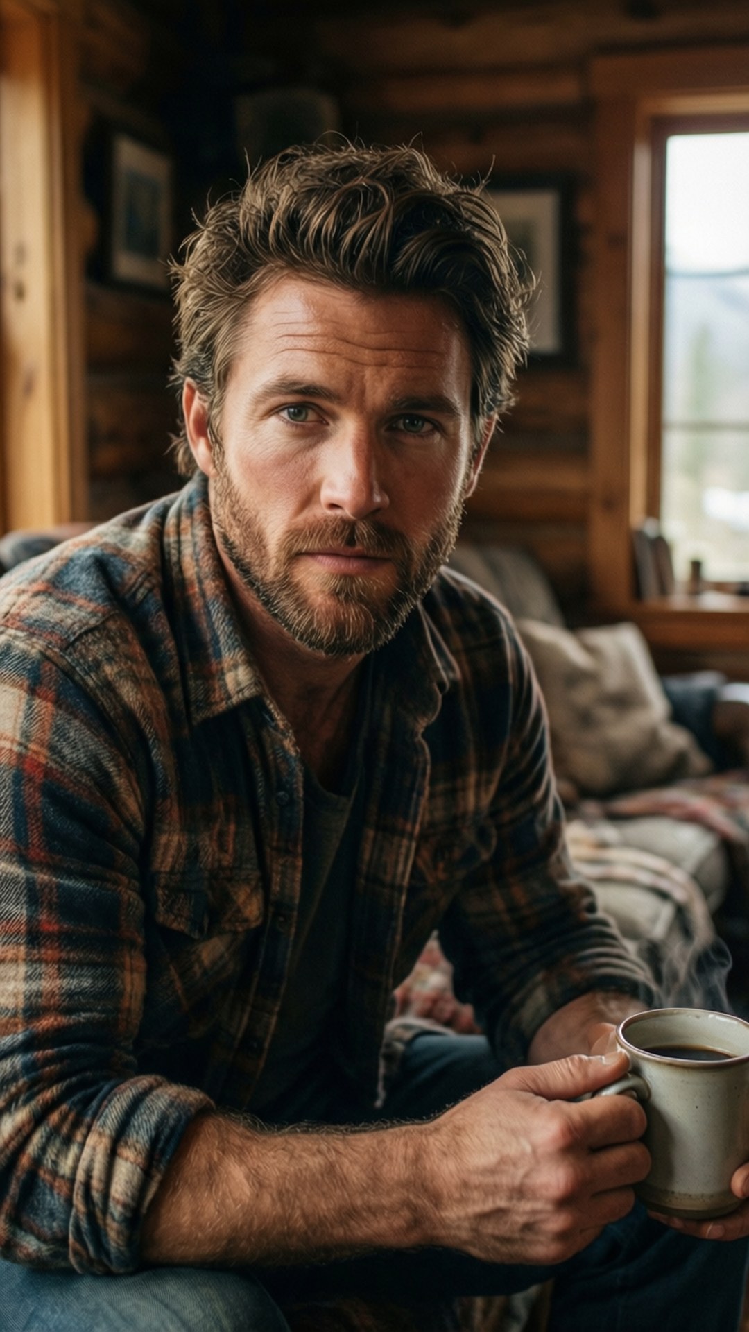 Jai Courtney 桌布 壁紙 — 一個粗獷留鬍鬚的男人穿著格仔恤衫，在舒適的木屋中拿著杯子，柔和自然光線灑落。