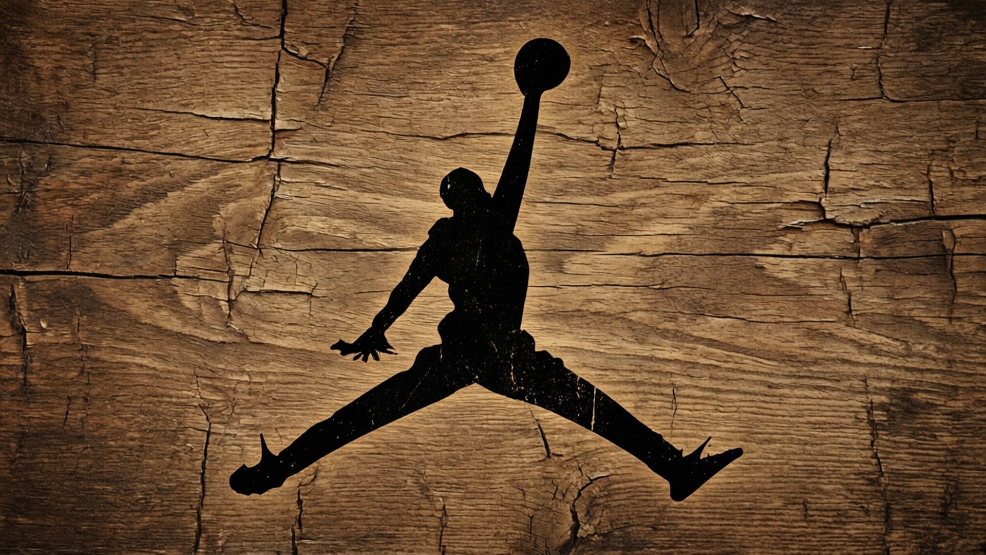 Distressed Wooden Logo 壁紙 — 一個大膽的黑色剪影，描繪籃球運動員在半空中扣籃，背景是紋理風化的木質表面。