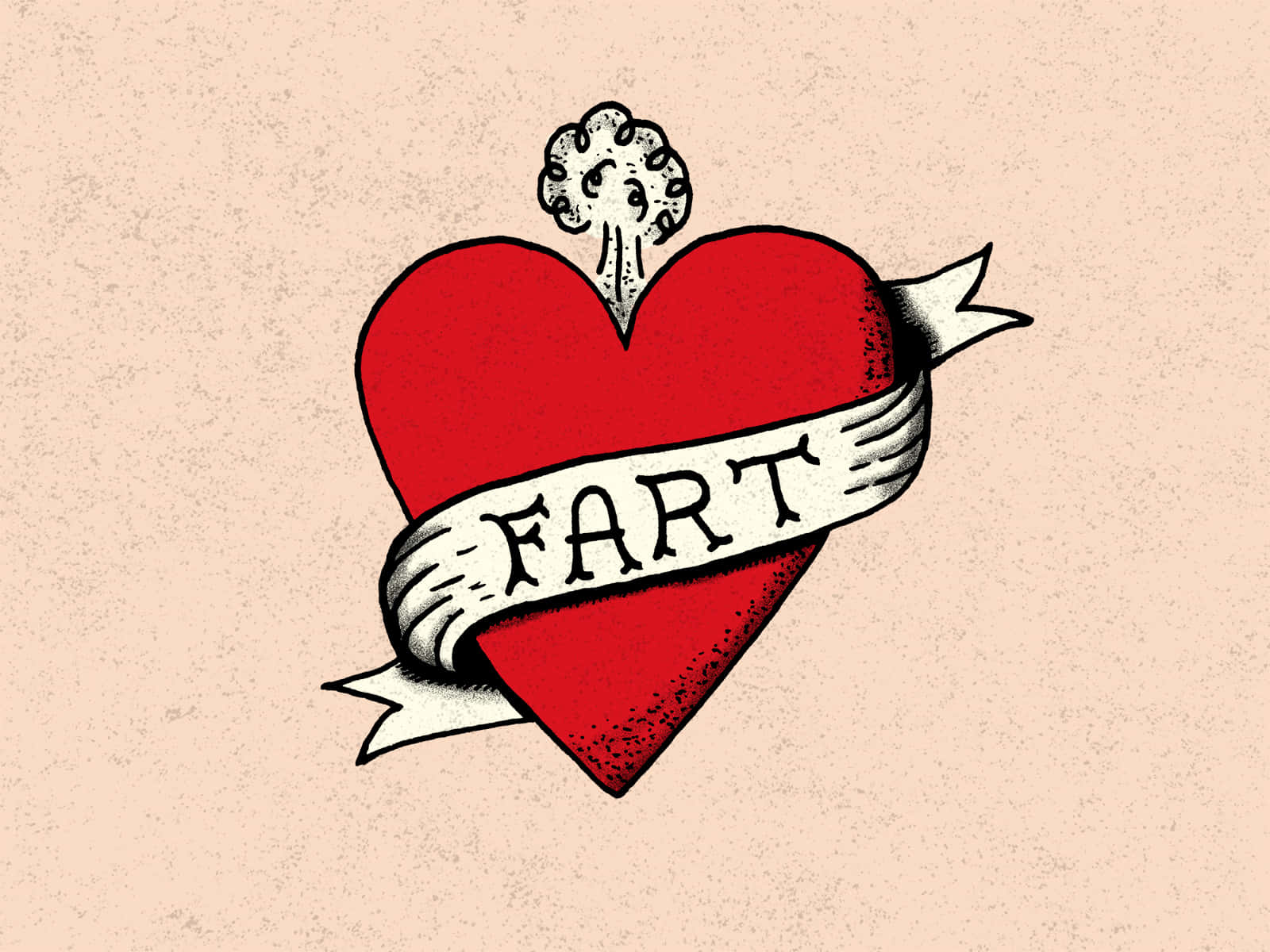  壁紙 — 一個大膽的紅色心形紋身風格插圖，帶有寫著「FART」的橫幅，頂部噴出一個屁雲。