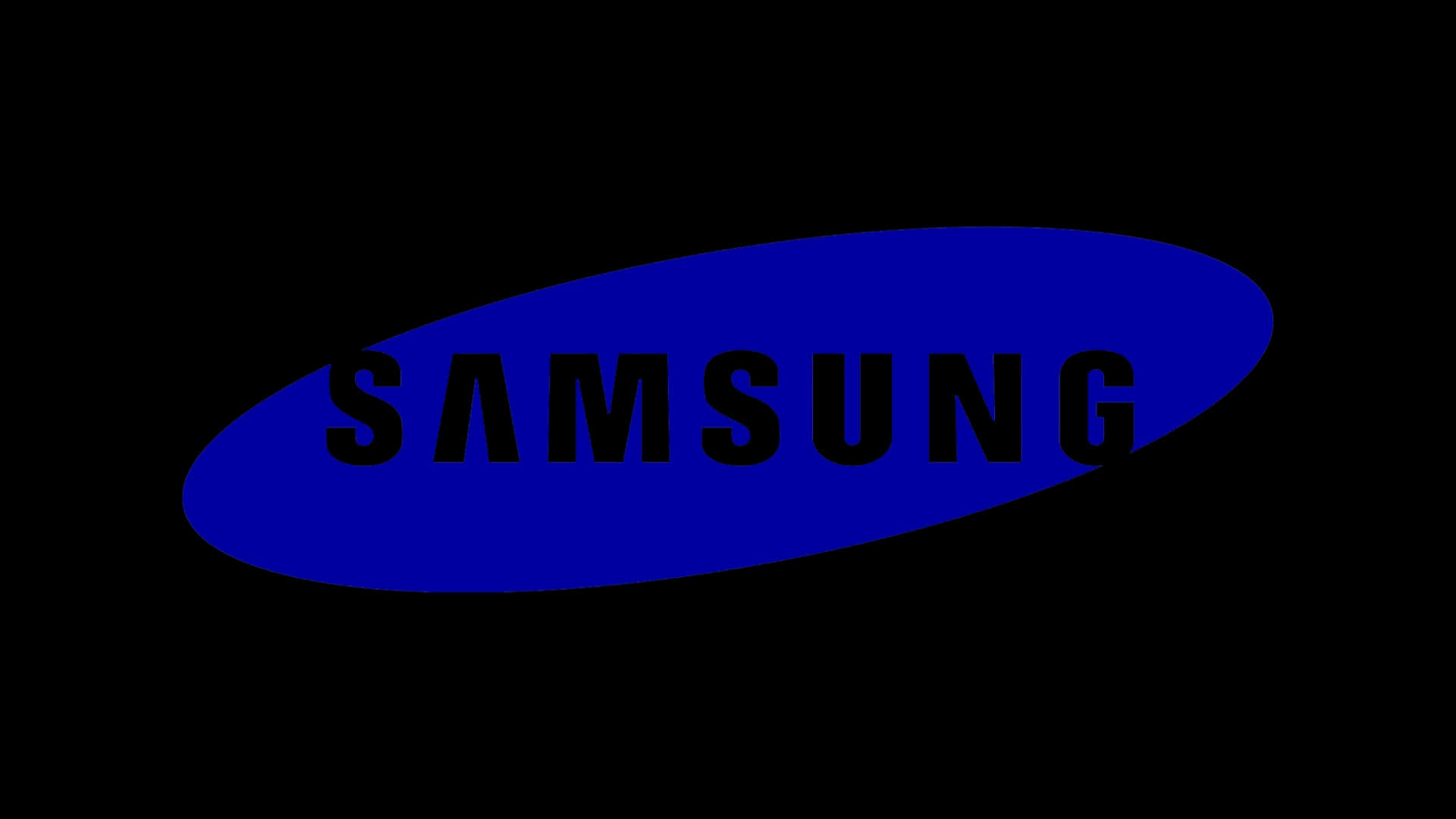 壁紙 — 一個大膽的藍色橢圓形Samsung標誌，黑色文字居中在純黑色背景上。