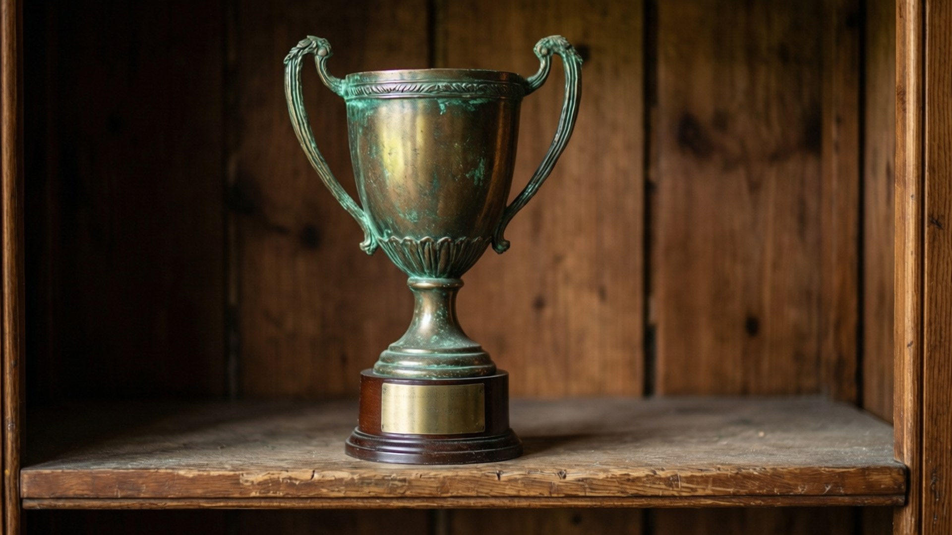 桌布 壁紙 — 一個帶有綠色銅鏽的風化青銅獎盃，放置在質樸的木架上，背景是深色木材。