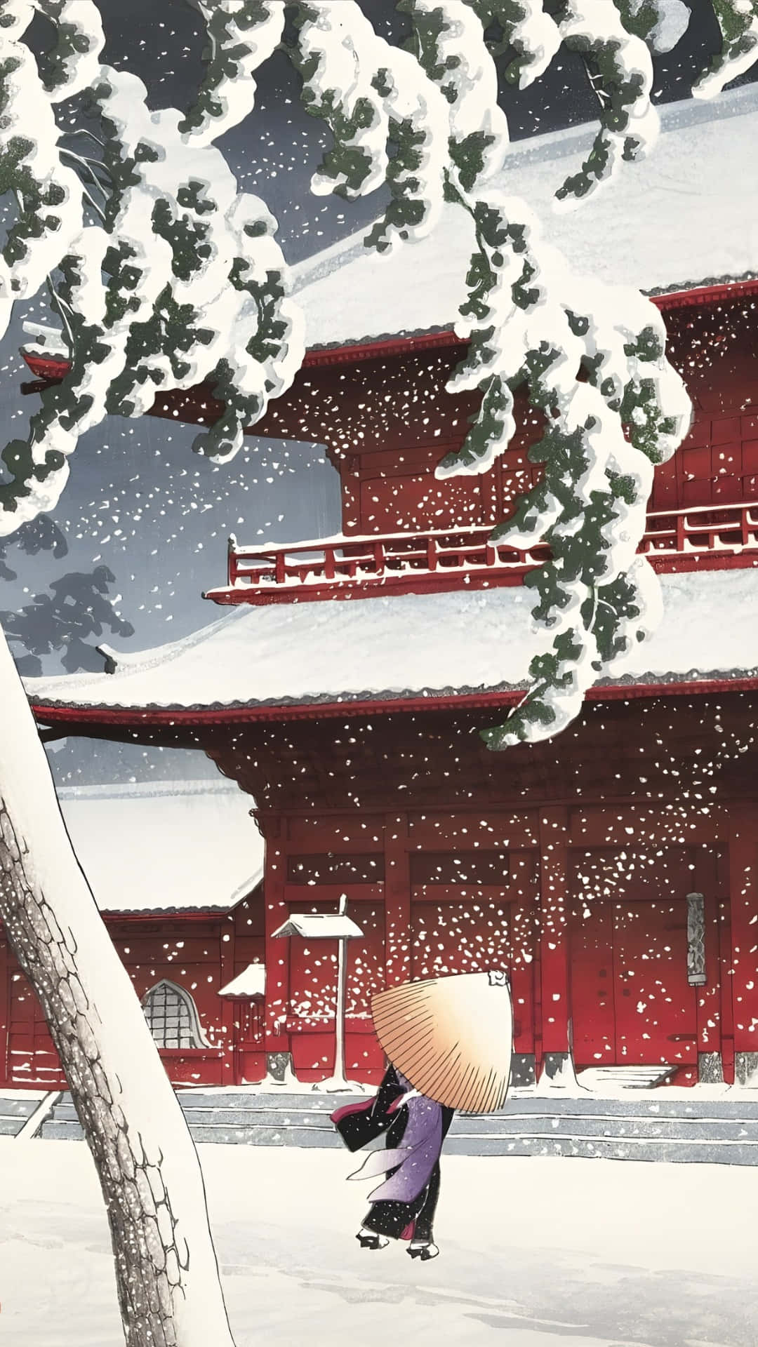  壁紙 — 一個戴寬邊帽的孤獨身影在雪壓枝頭下走向傳統紅色寺廟，構成寧靜的冬日場景。